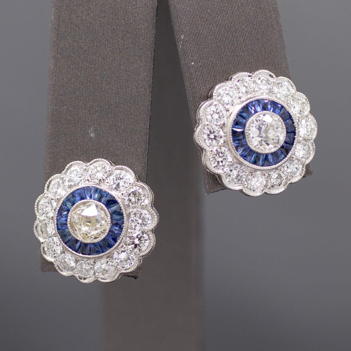 Sparkling Old Mine Cut Diamond and Sapphire Stud Earrings in 14k White Gold
