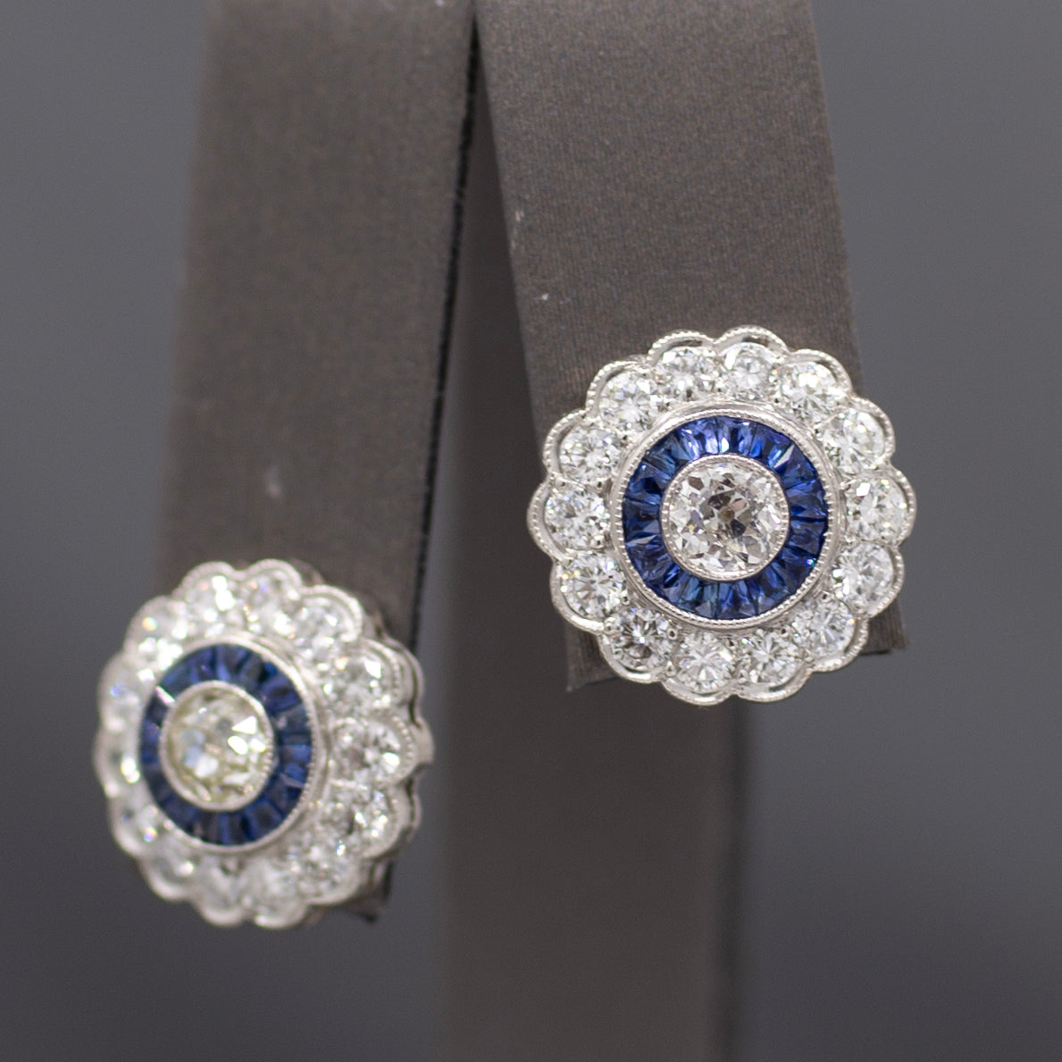Sparkling Old Mine Cut Diamond and Sapphire Stud Earrings in 14k White Gold