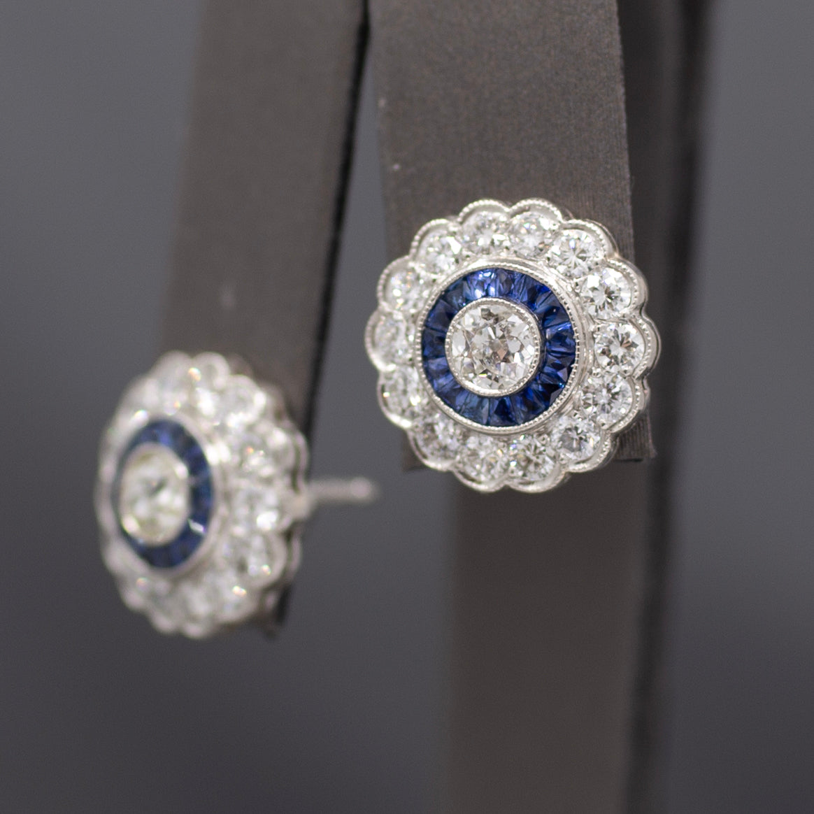 Sparkling Old Mine Cut Diamond and Sapphire Stud Earrings in 14k White Gold