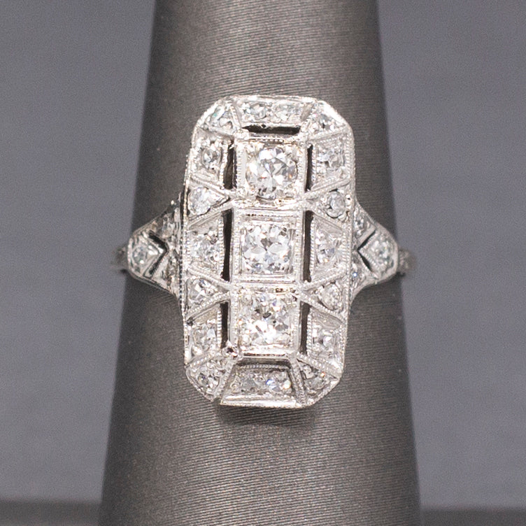 Excellent Art Deco Three Stone Elongated Cocktail Ring in Platinum