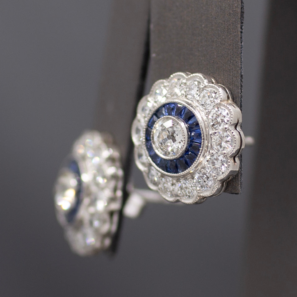 Sparkling Old Mine Cut Diamond and Sapphire Stud Earrings in 14k White Gold