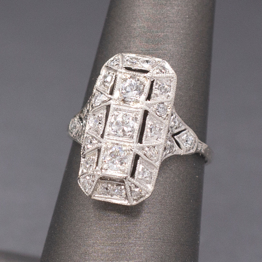 Excellent Art Deco Three Stone Elongated Cocktail Ring in Platinum
