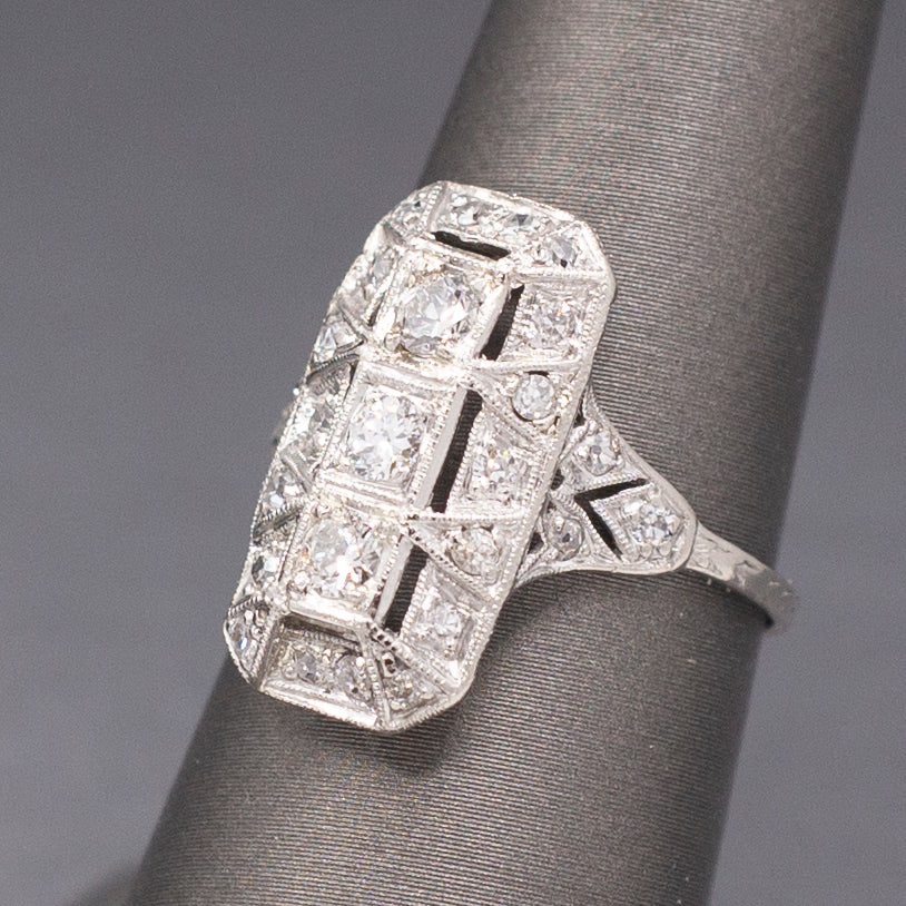 Excellent Art Deco Three Stone Elongated Cocktail Ring in Platinum