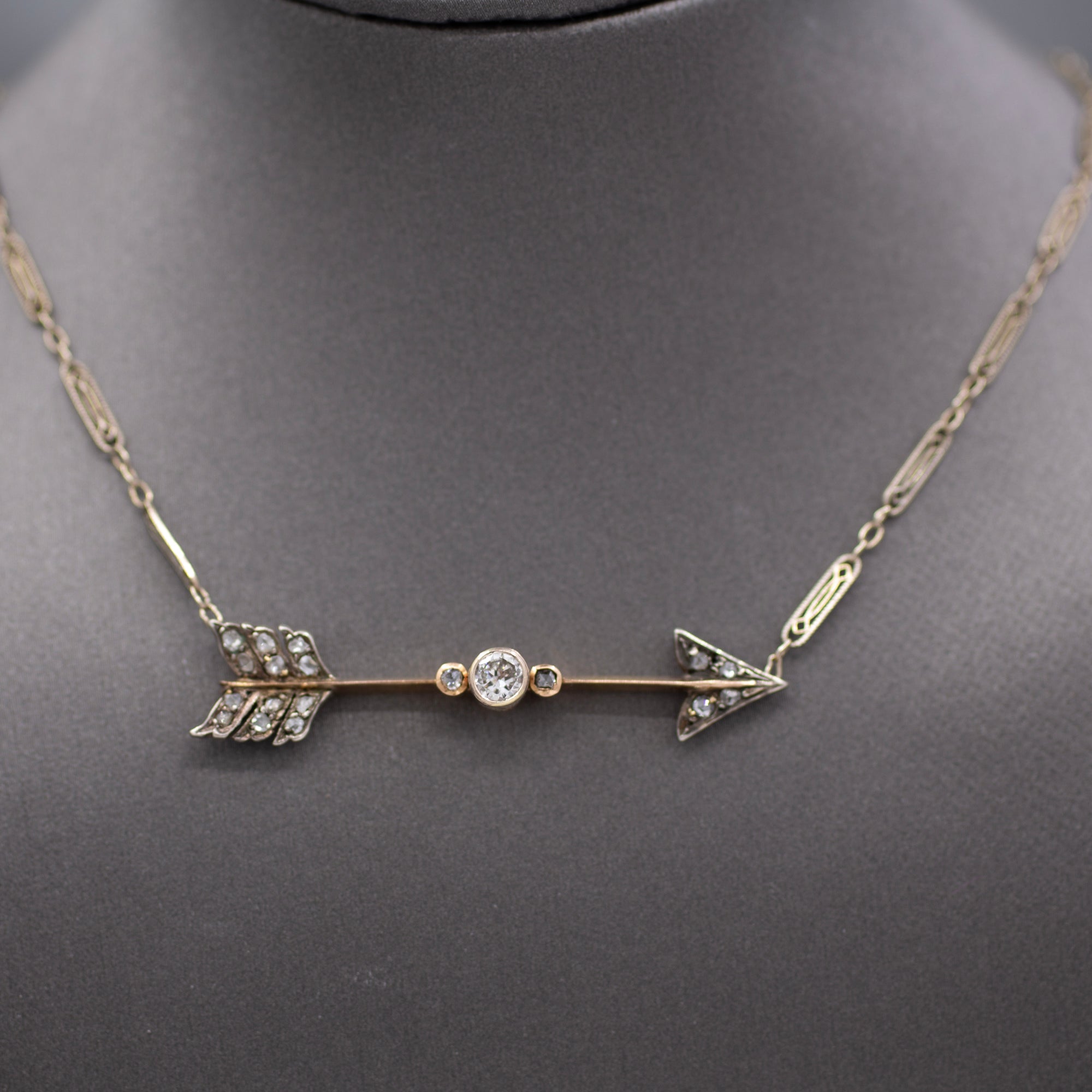 Antique Victorian Old European and Rose Cut Diamond Arrow Necklace in 14k
