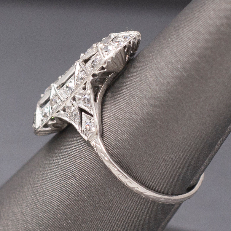 Excellent Art Deco Three Stone Elongated Cocktail Ring in Platinum