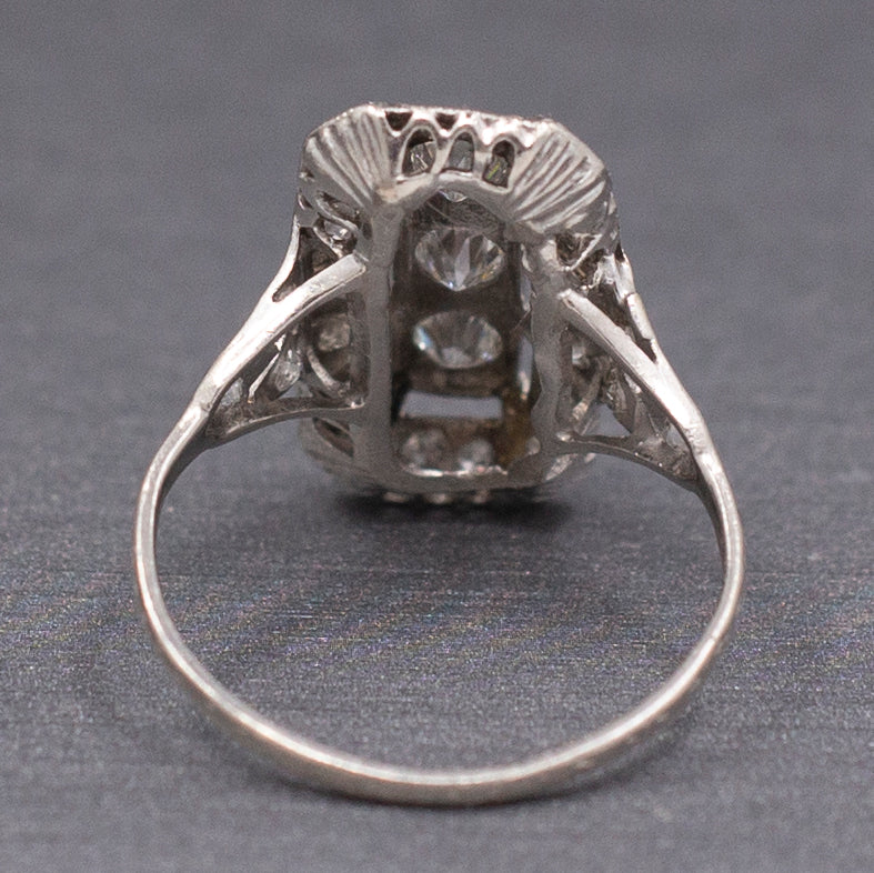Excellent Art Deco Three Stone Elongated Cocktail Ring in Platinum