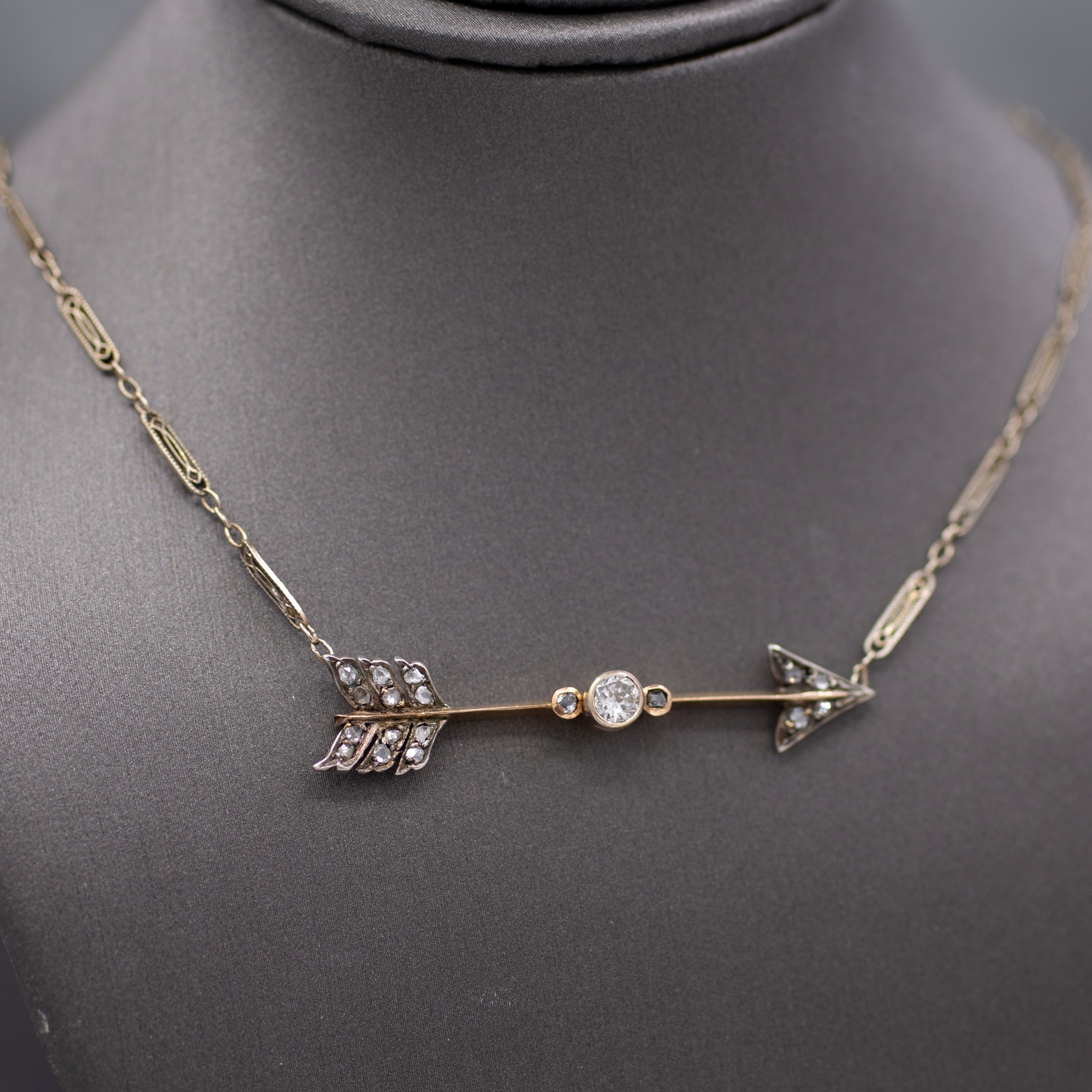 Antique Victorian Old European and Rose Cut Diamond Arrow Necklace in 14k
