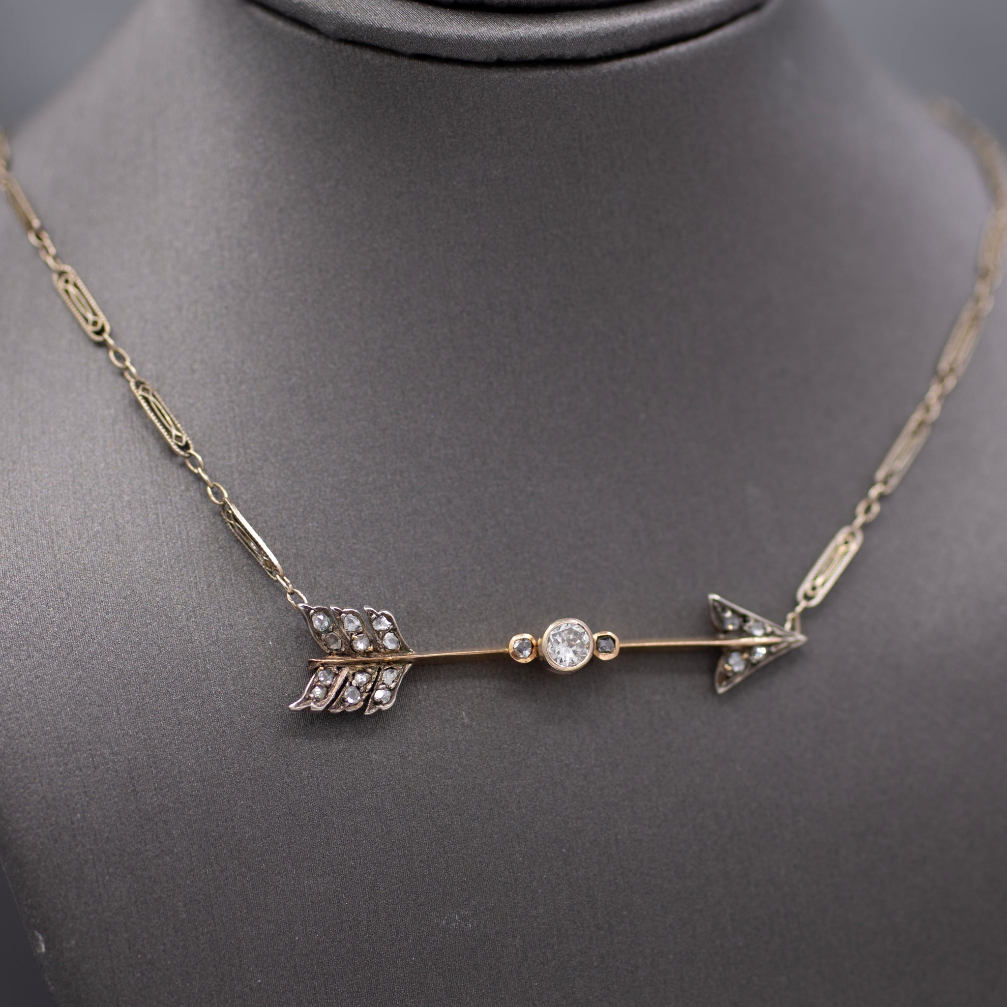 Antique Victorian Old European and Rose Cut Diamond Arrow Necklace in 14k