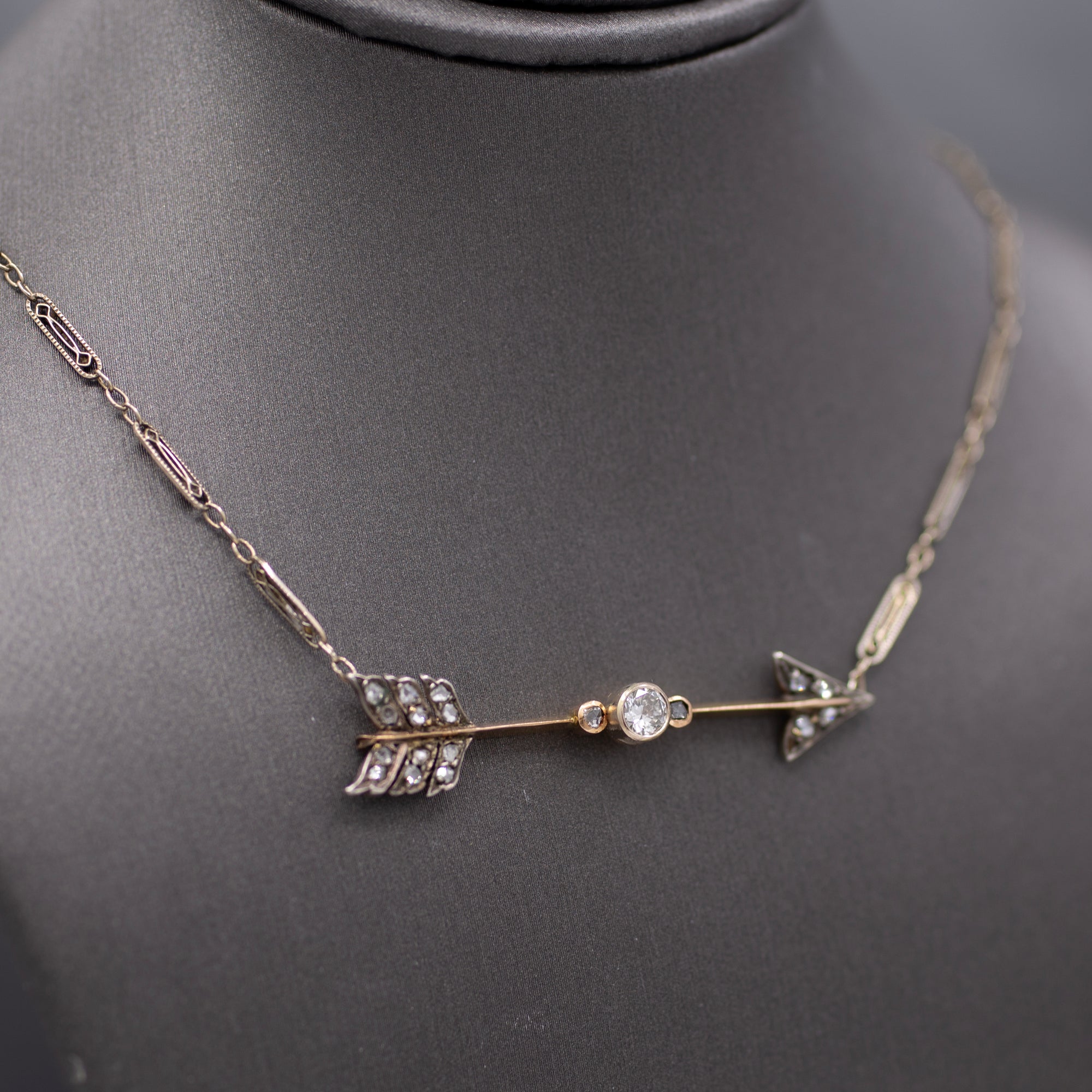 Antique Victorian Old European and Rose Cut Diamond Arrow Necklace in 14k