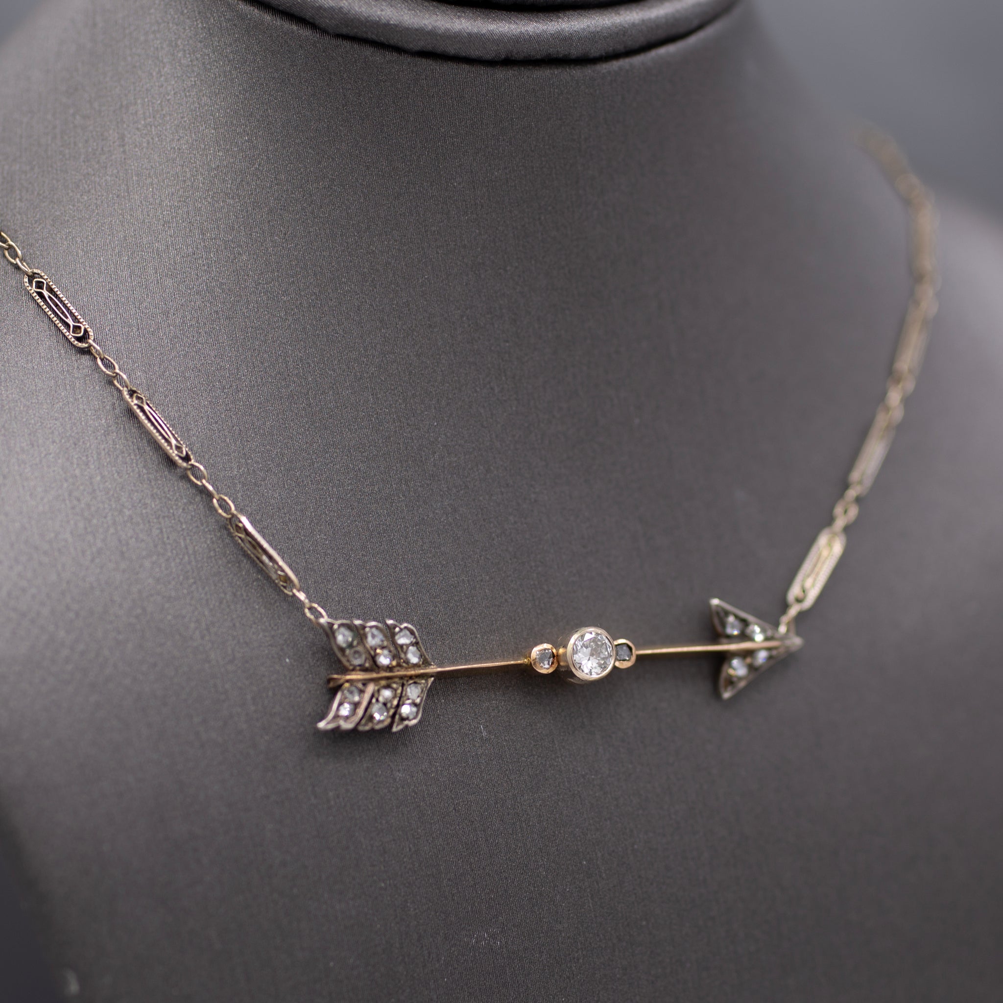 Antique Victorian Old European and Rose Cut Diamond Arrow Necklace in 14k
