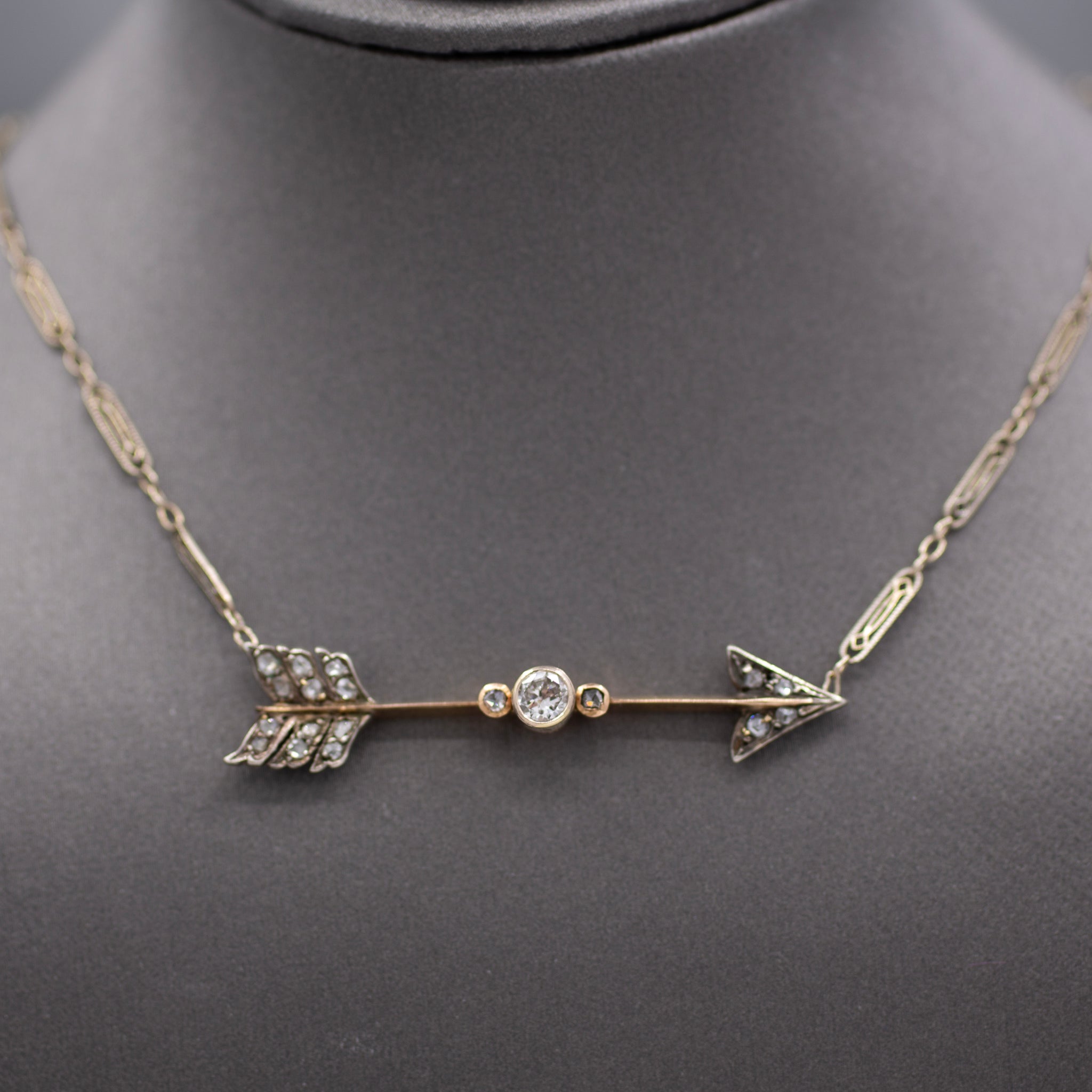 Antique Victorian Old European and Rose Cut Diamond Arrow Necklace in 14k