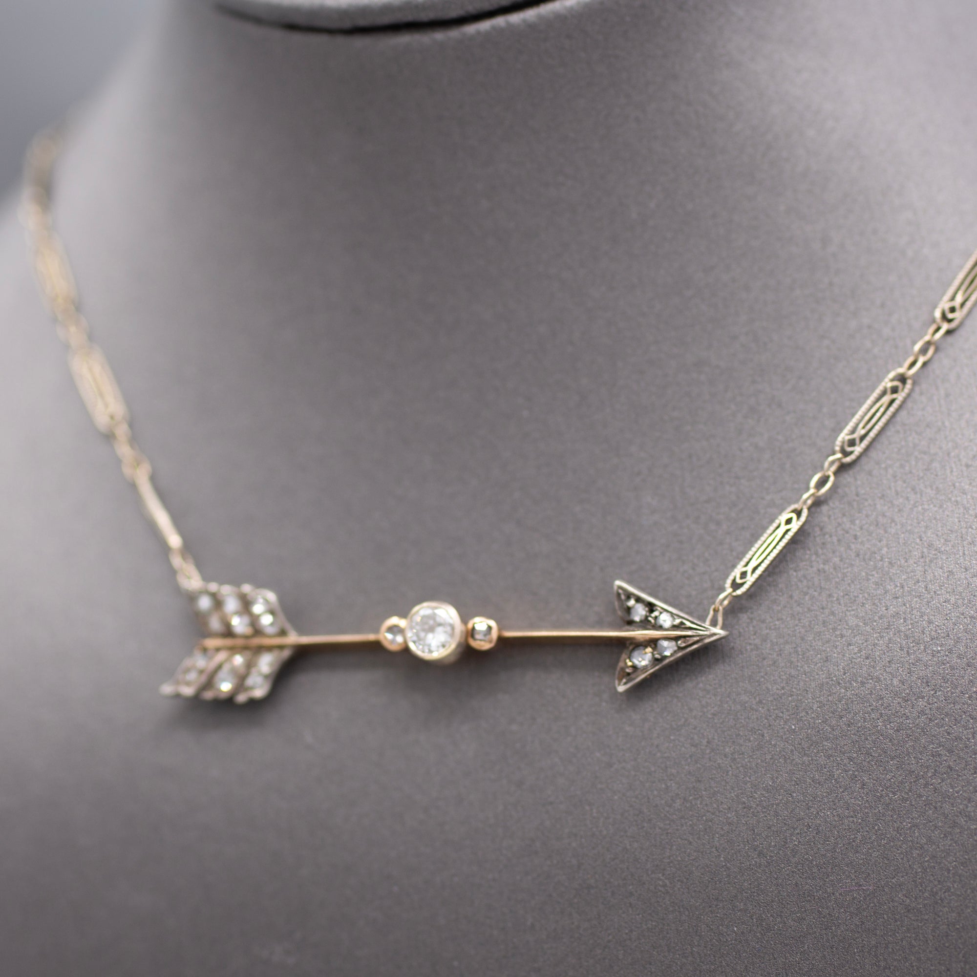 Antique Victorian Old European and Rose Cut Diamond Arrow Necklace in 14k