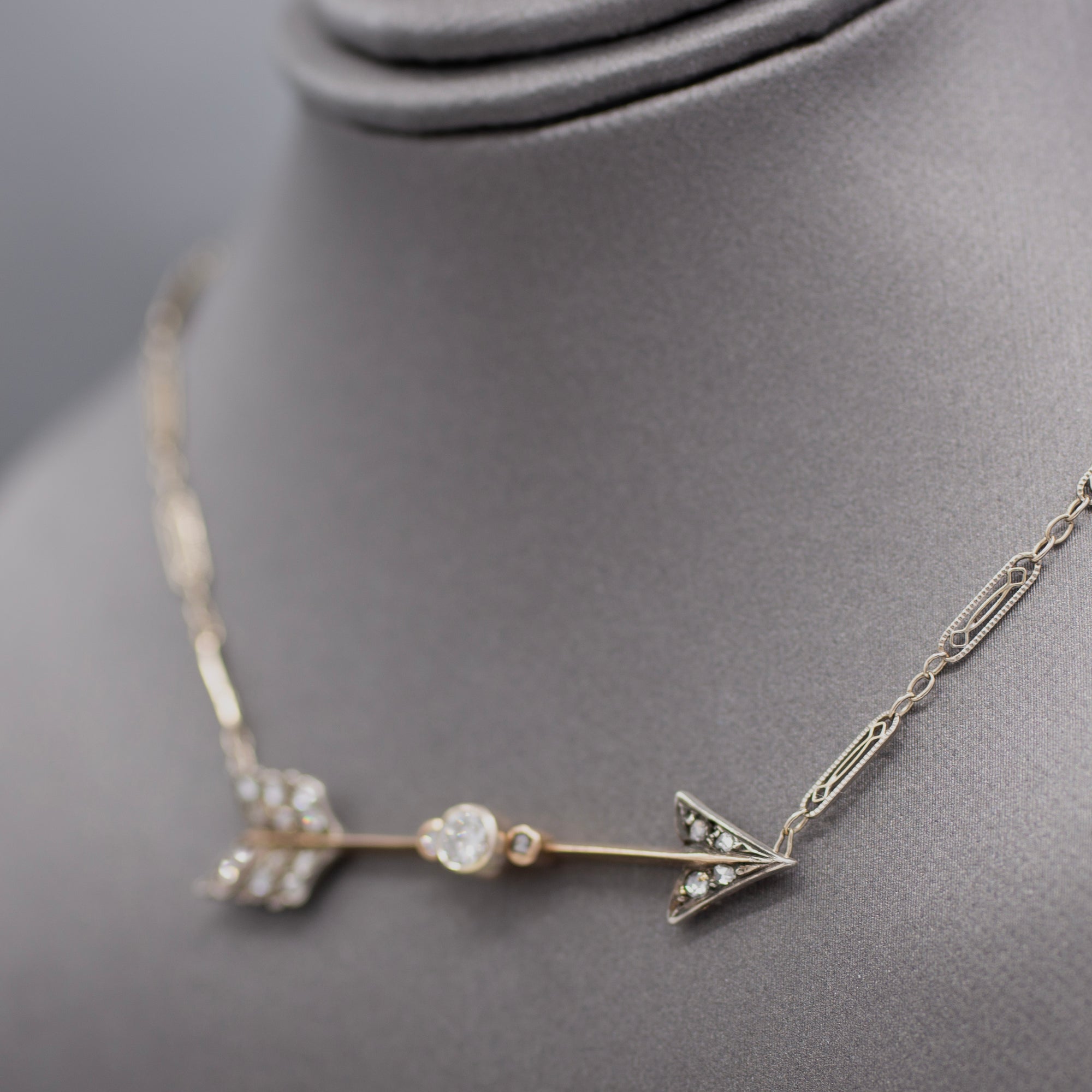 Antique Victorian Old European and Rose Cut Diamond Arrow Necklace in 14k