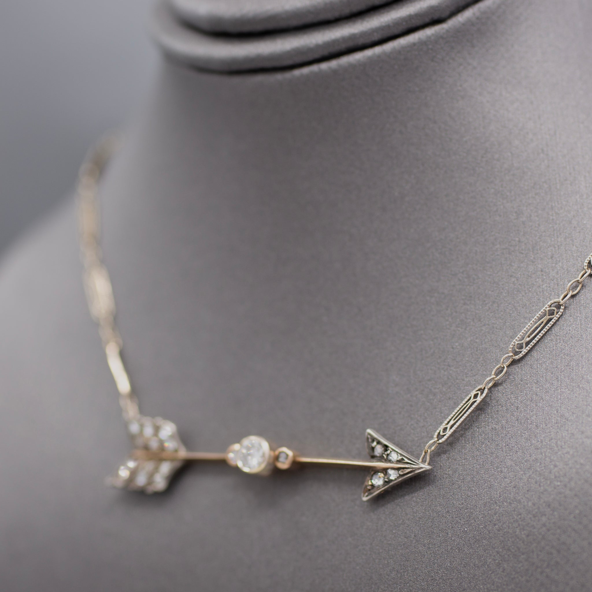 Antique Victorian Old European and Rose Cut Diamond Arrow Necklace in 14k