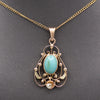 Art Nouveau Turquoise and Pearl Drop Pendant Necklace in 14k Yellow Gold