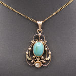 Art Nouveau Turquoise and Pearl Drop Pendant Necklace in 14k Yellow Gold