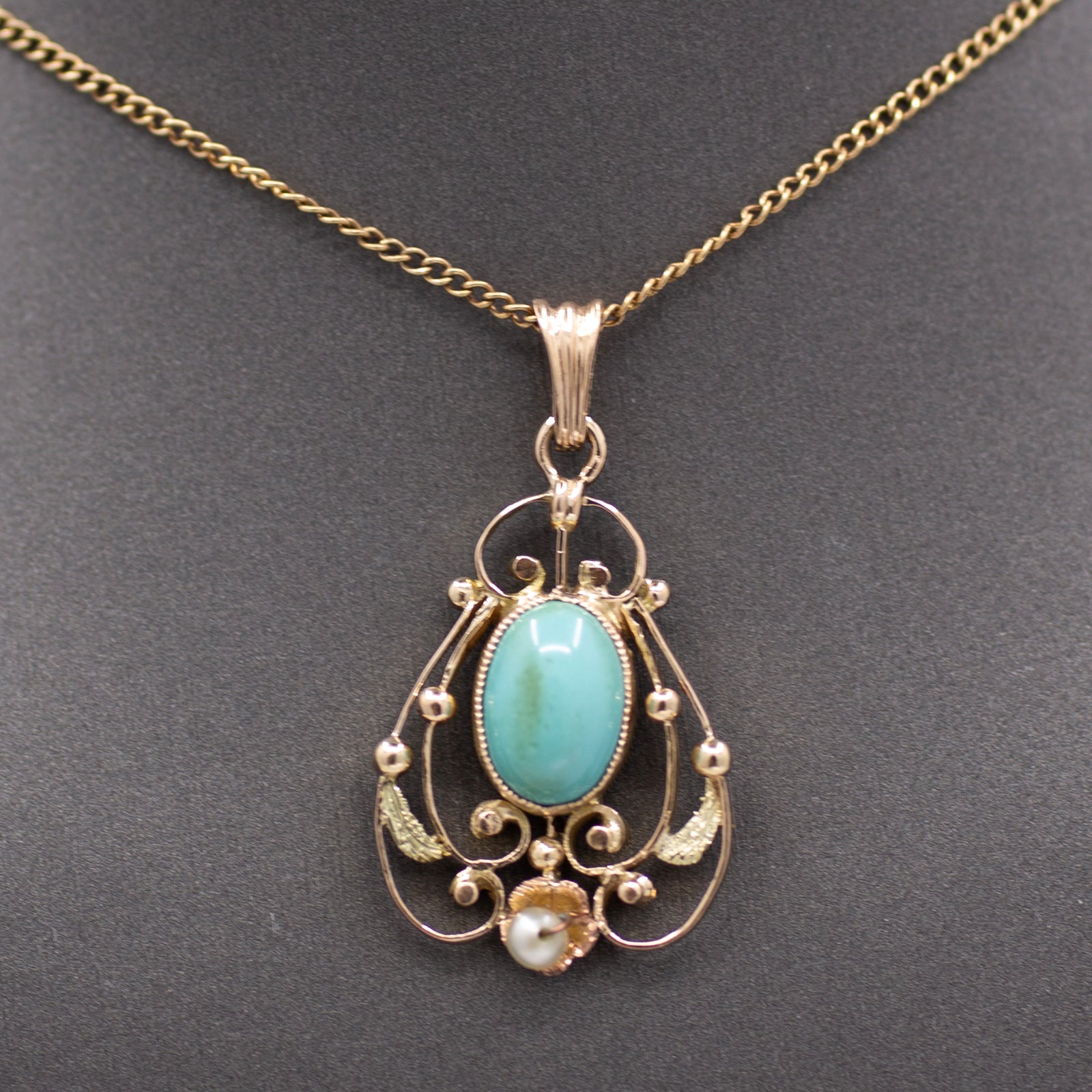 Art Nouveau Turquoise and Pearl Drop Pendant Necklace in 14k Yellow Gold