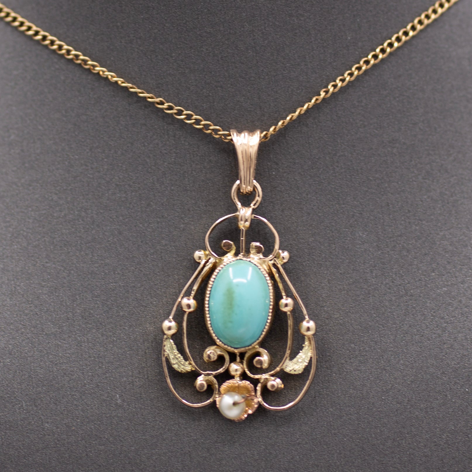 Art Nouveau Turquoise and Pearl Drop Pendant Necklace in 14k Yellow Gold