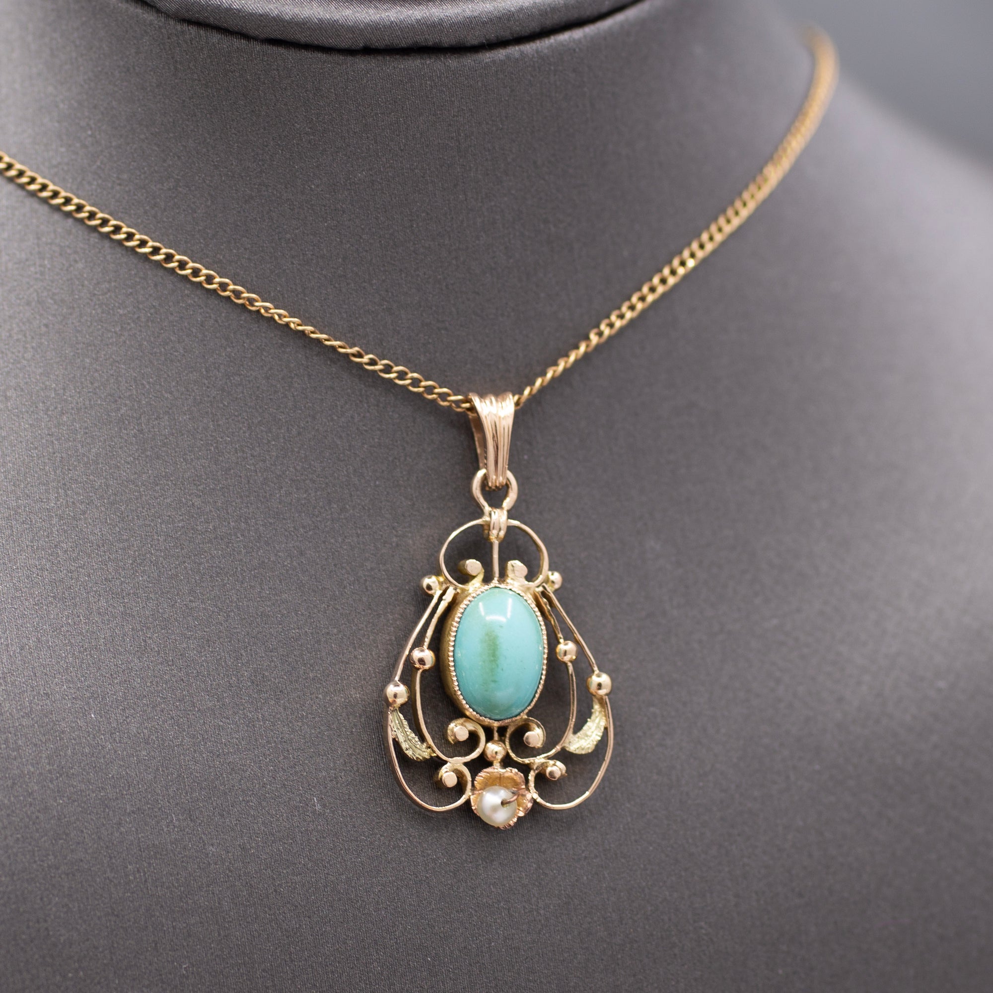 Art Nouveau Turquoise and Pearl Drop Pendant Necklace in 14k Yellow Gold