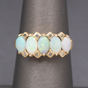 Antique Victorian Five Stone Opal and Rose Cut Diamond Band Ring in 14k Yellow Gold