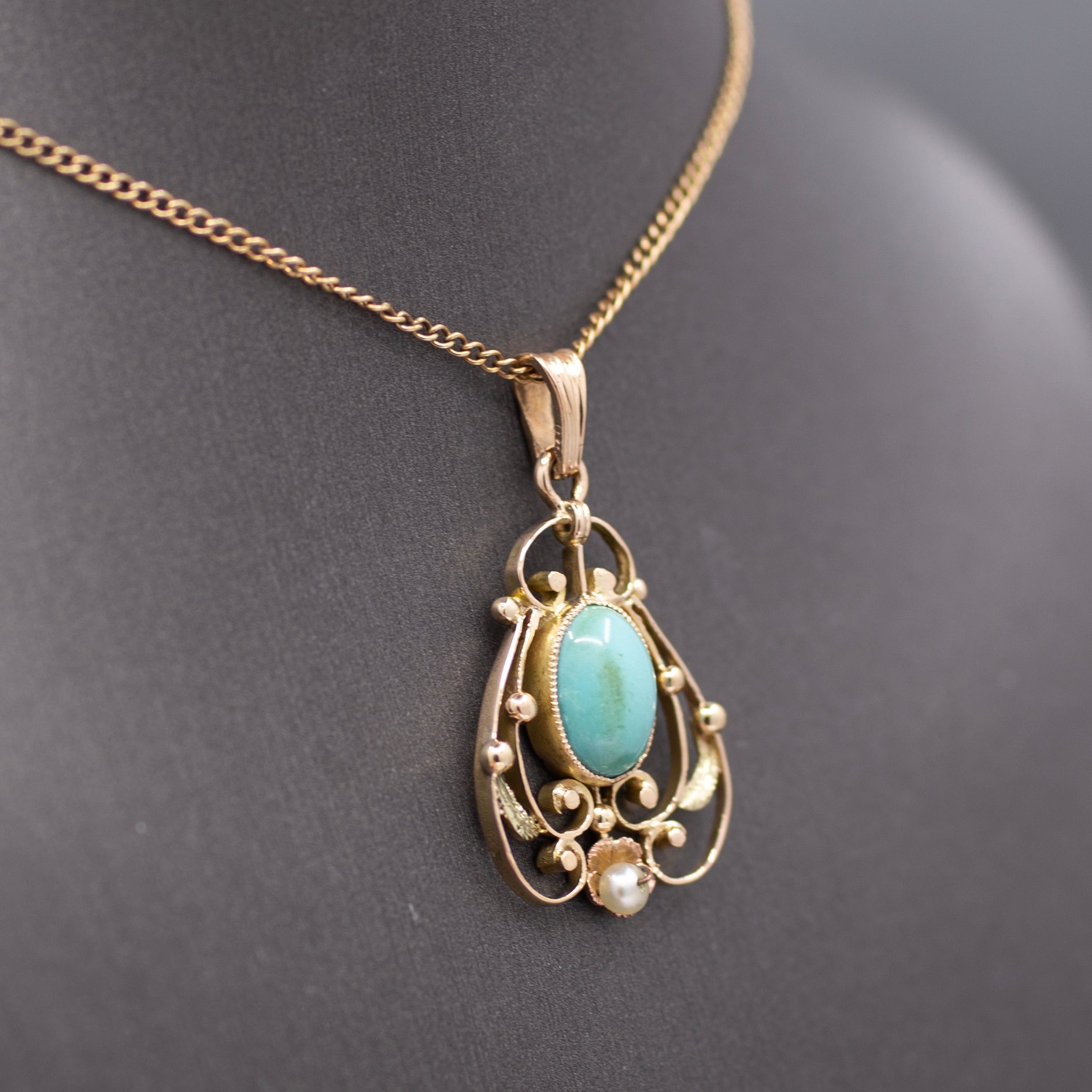 Art Nouveau Turquoise and Pearl Drop Pendant Necklace in 14k Yellow Gold