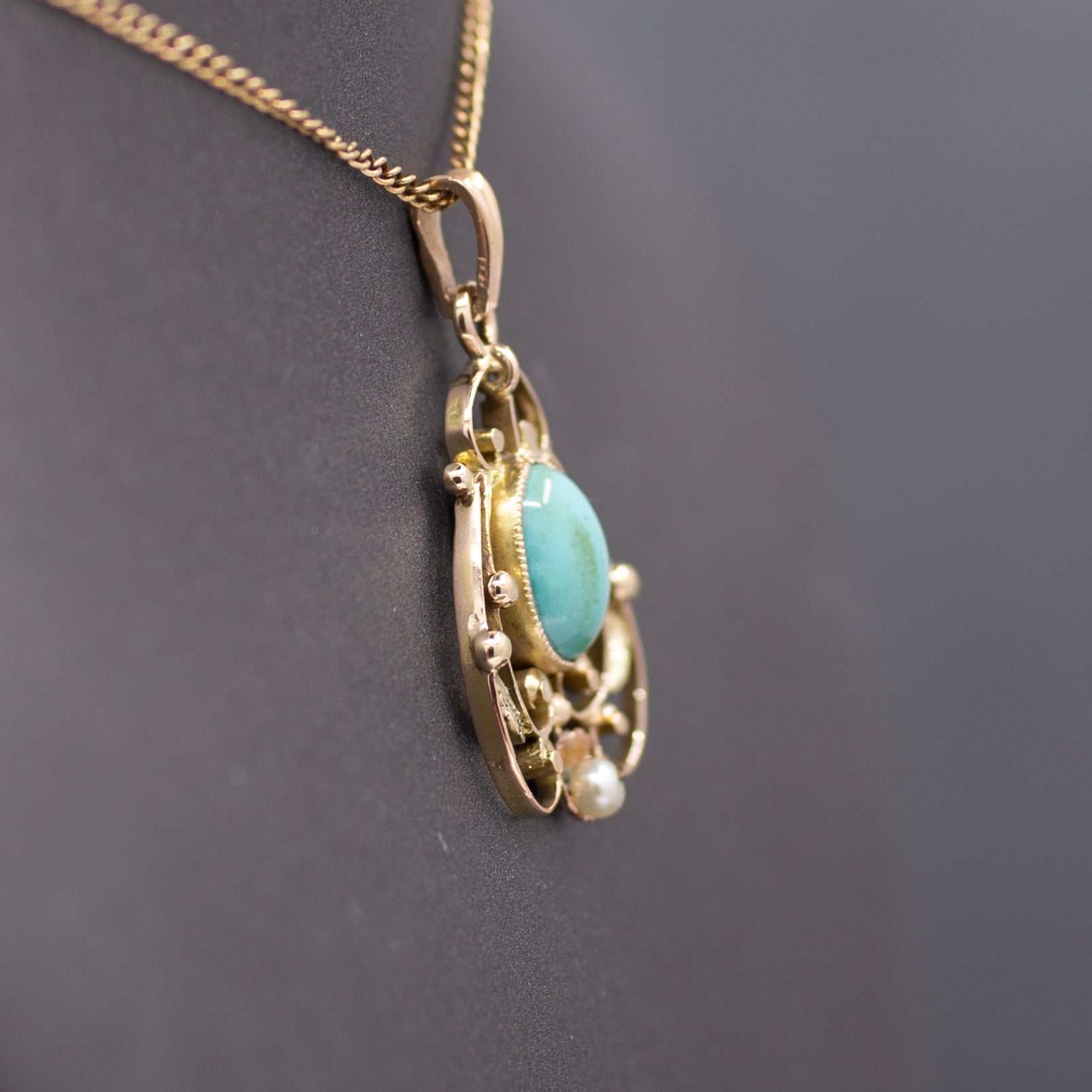 Art Nouveau Turquoise and Pearl Drop Pendant Necklace in 14k Yellow Gold