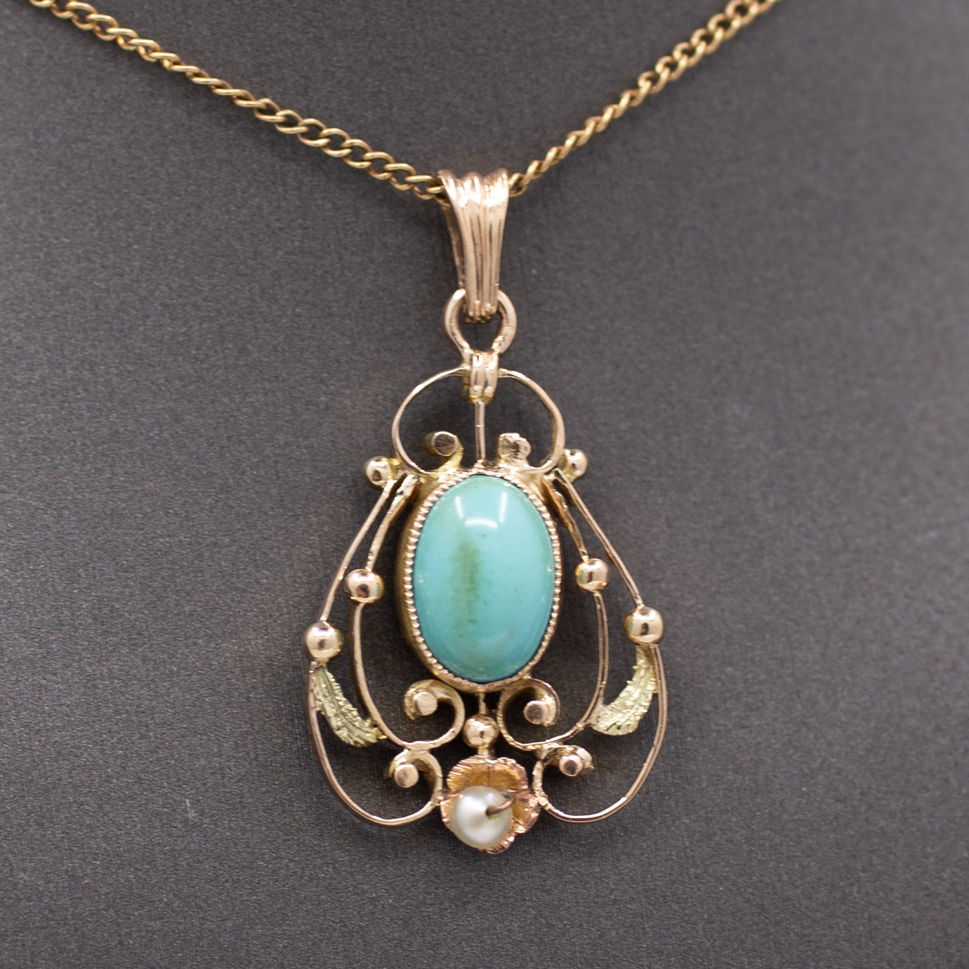 Art Nouveau Turquoise and Pearl Drop Pendant Necklace in 14k Yellow Gold