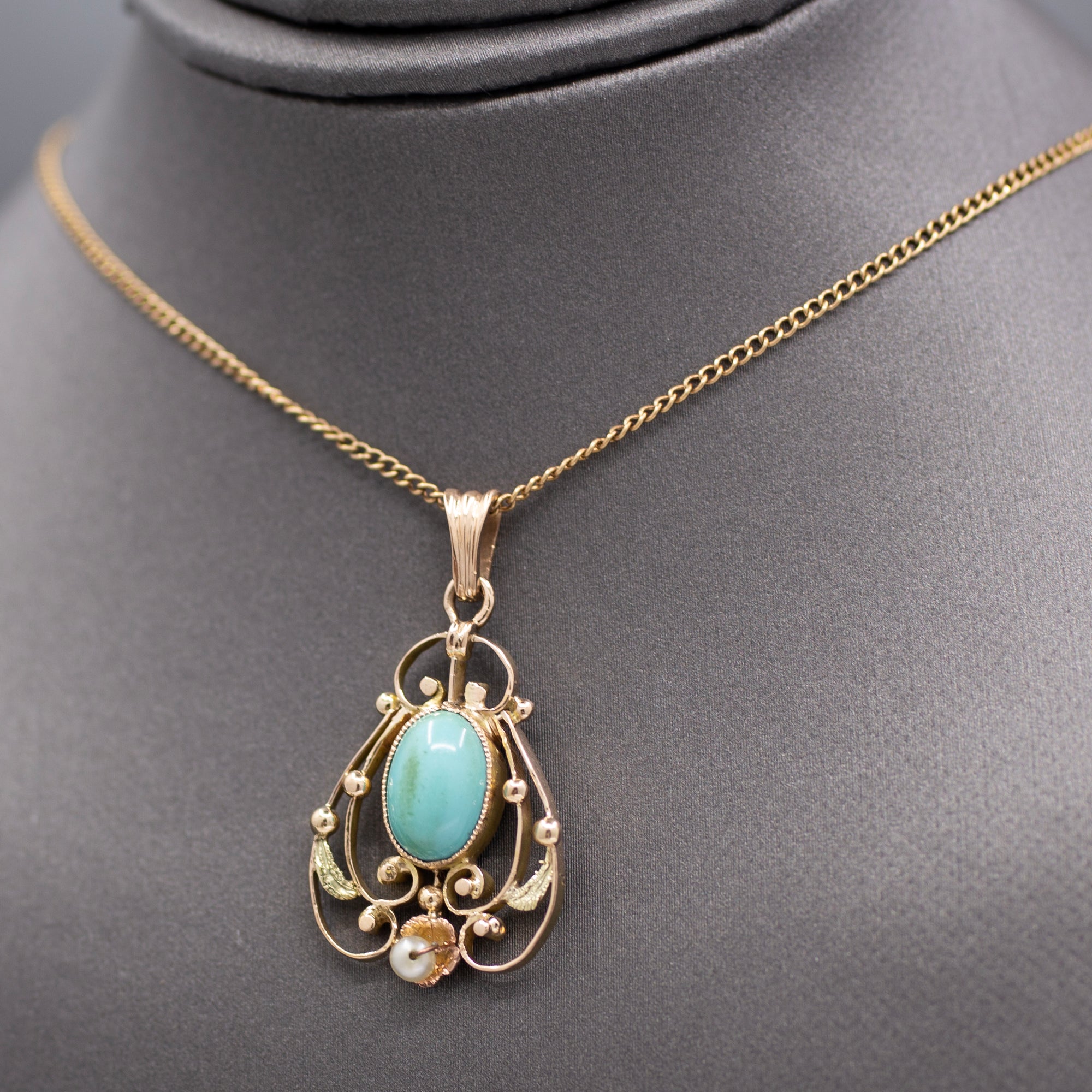 Art Nouveau Turquoise and Pearl Drop Pendant Necklace in 14k Yellow Gold