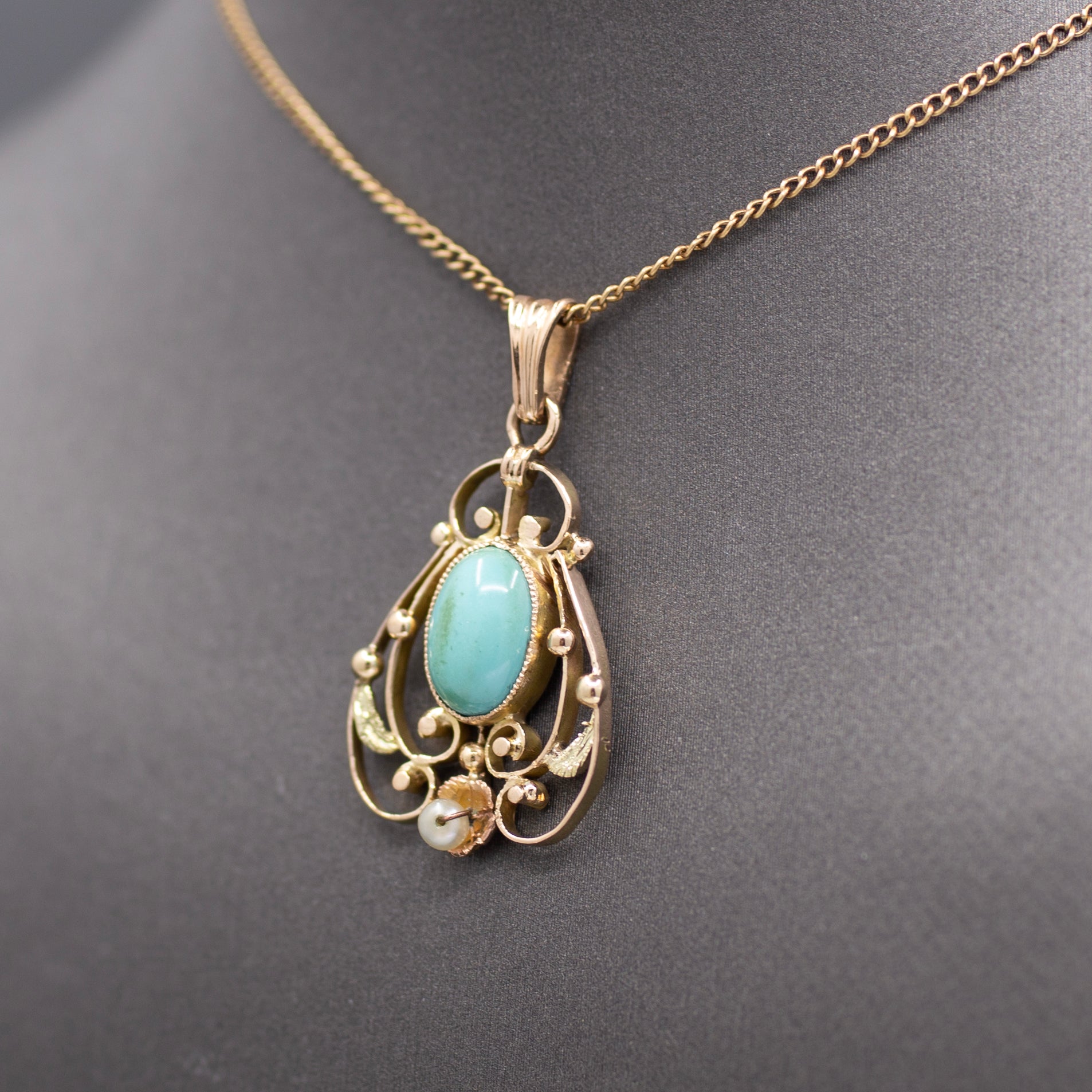 Art Nouveau Turquoise and Pearl Drop Pendant Necklace in 14k Yellow Gold
