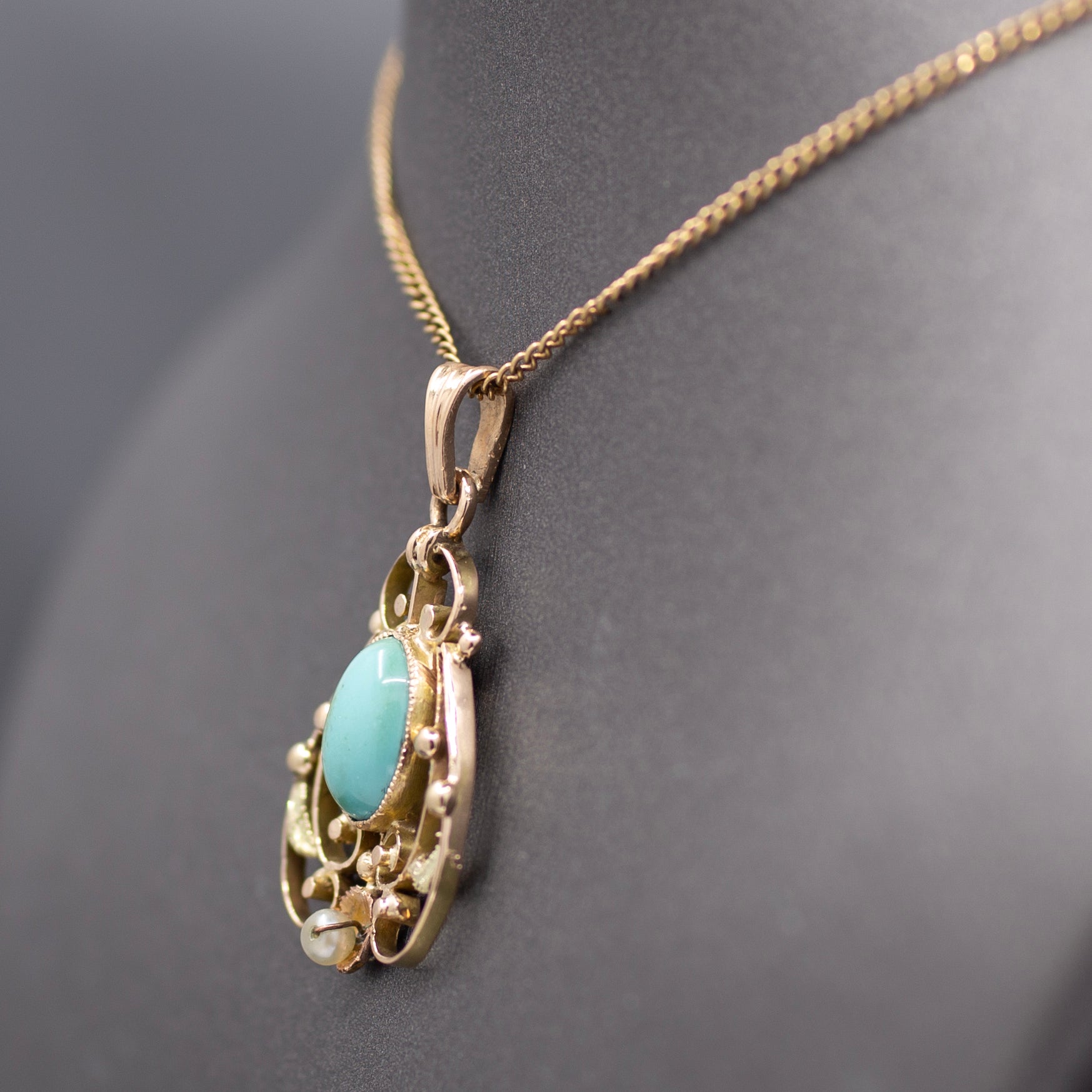 Art Nouveau Turquoise and Pearl Drop Pendant Necklace in 14k Yellow Gold