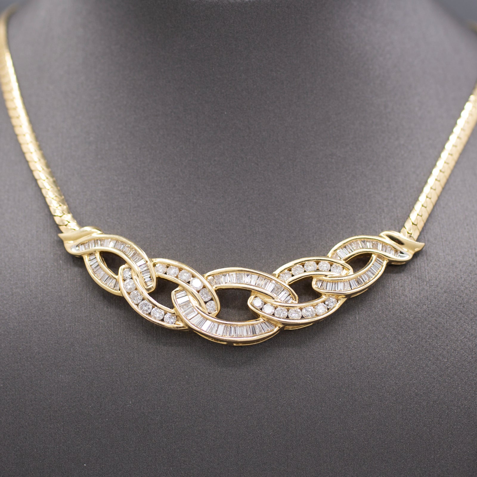 Sparkling Channel Set Round and Baguette Diamond Statement Necklace in 14k Yellow Gold