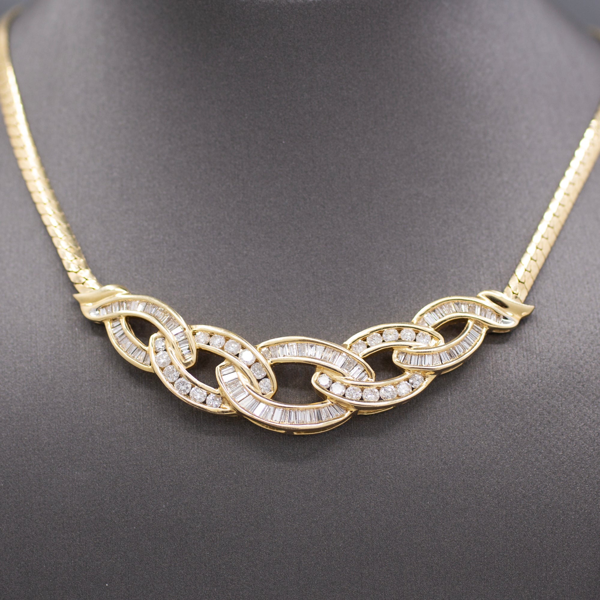 Sparkling Channel Set Round and Baguette Diamond Statement Necklace in 14k Yellow Gold