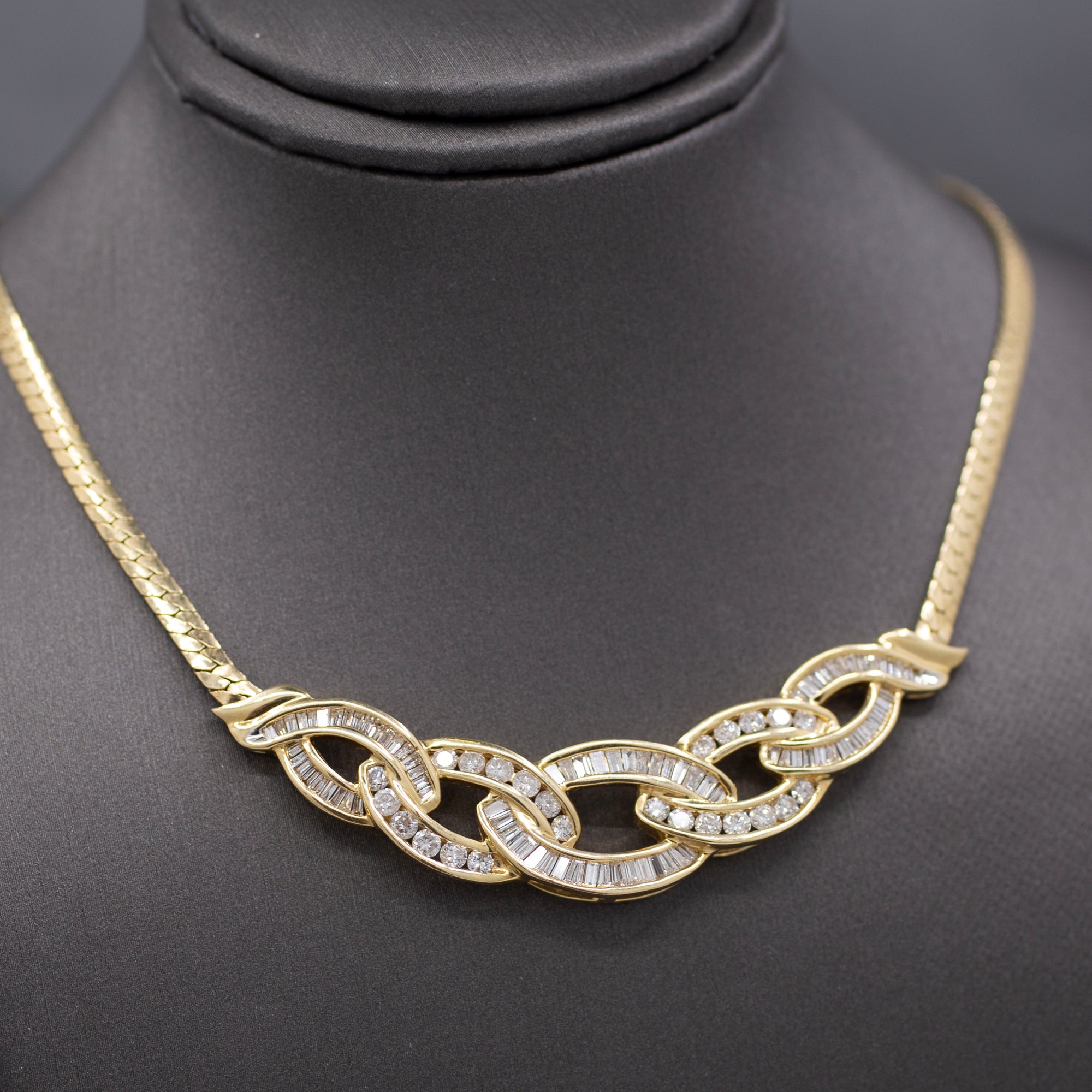 Sparkling Channel Set Round and Baguette Diamond Statement Necklace in 14k Yellow Gold
