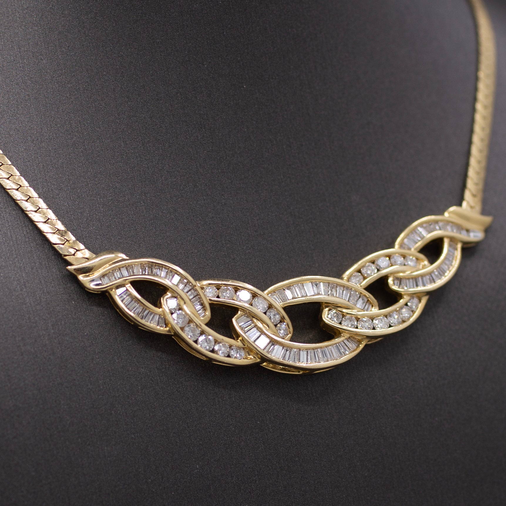 Sparkling Channel Set Round and Baguette Diamond Statement Necklace in 14k Yellow Gold