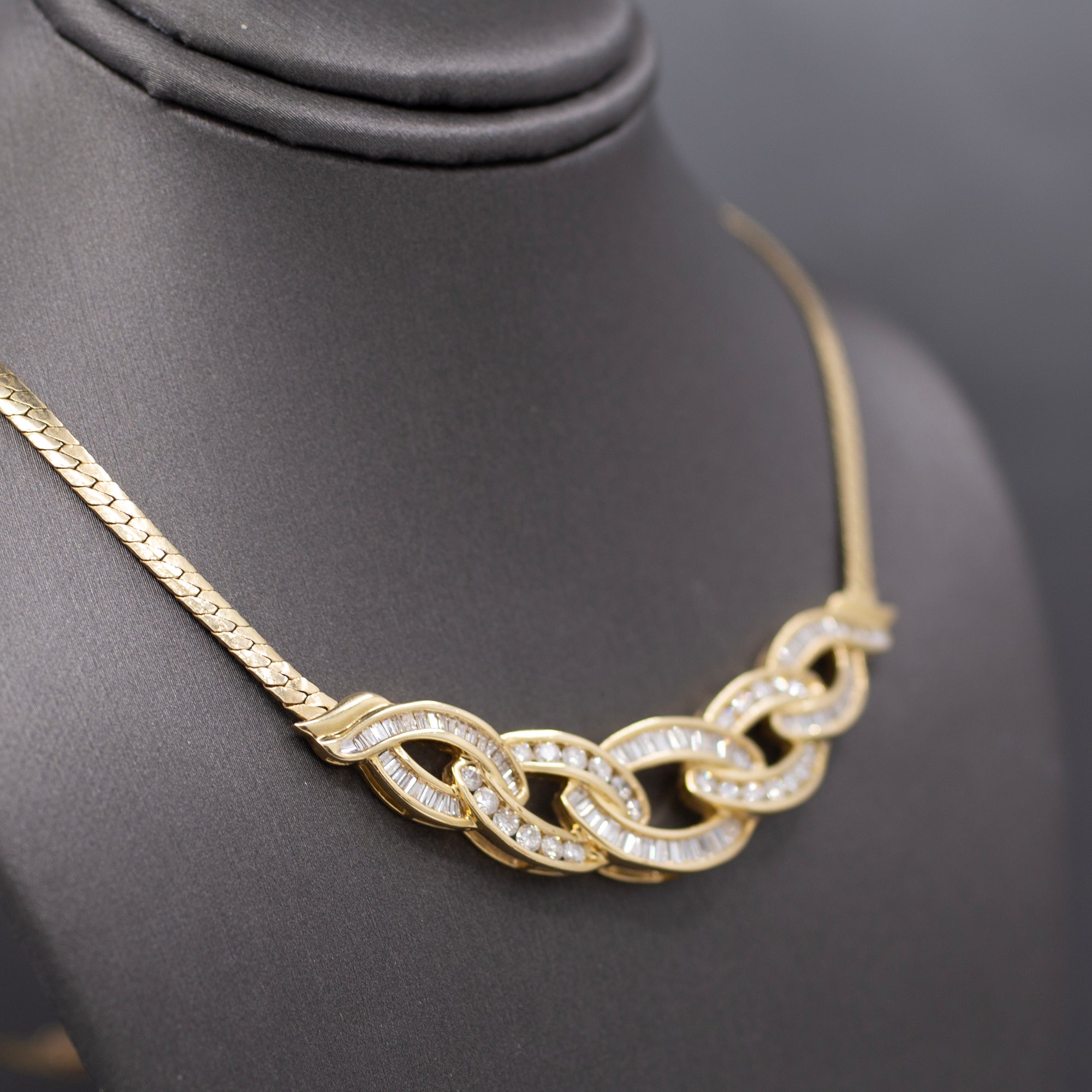 Sparkling Channel Set Round and Baguette Diamond Statement Necklace in 14k Yellow Gold