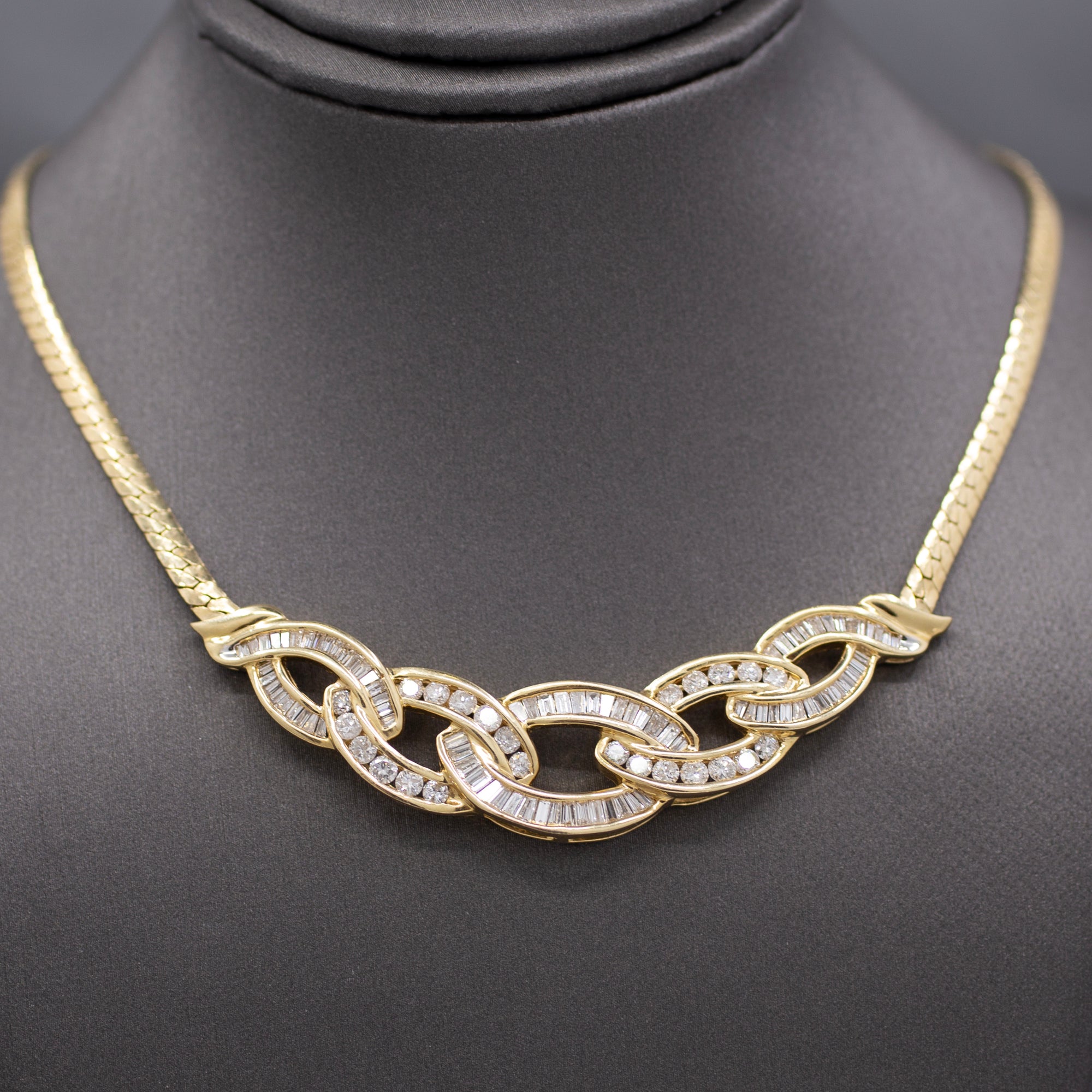 Sparkling Channel Set Round and Baguette Diamond Statement Necklace in 14k Yellow Gold