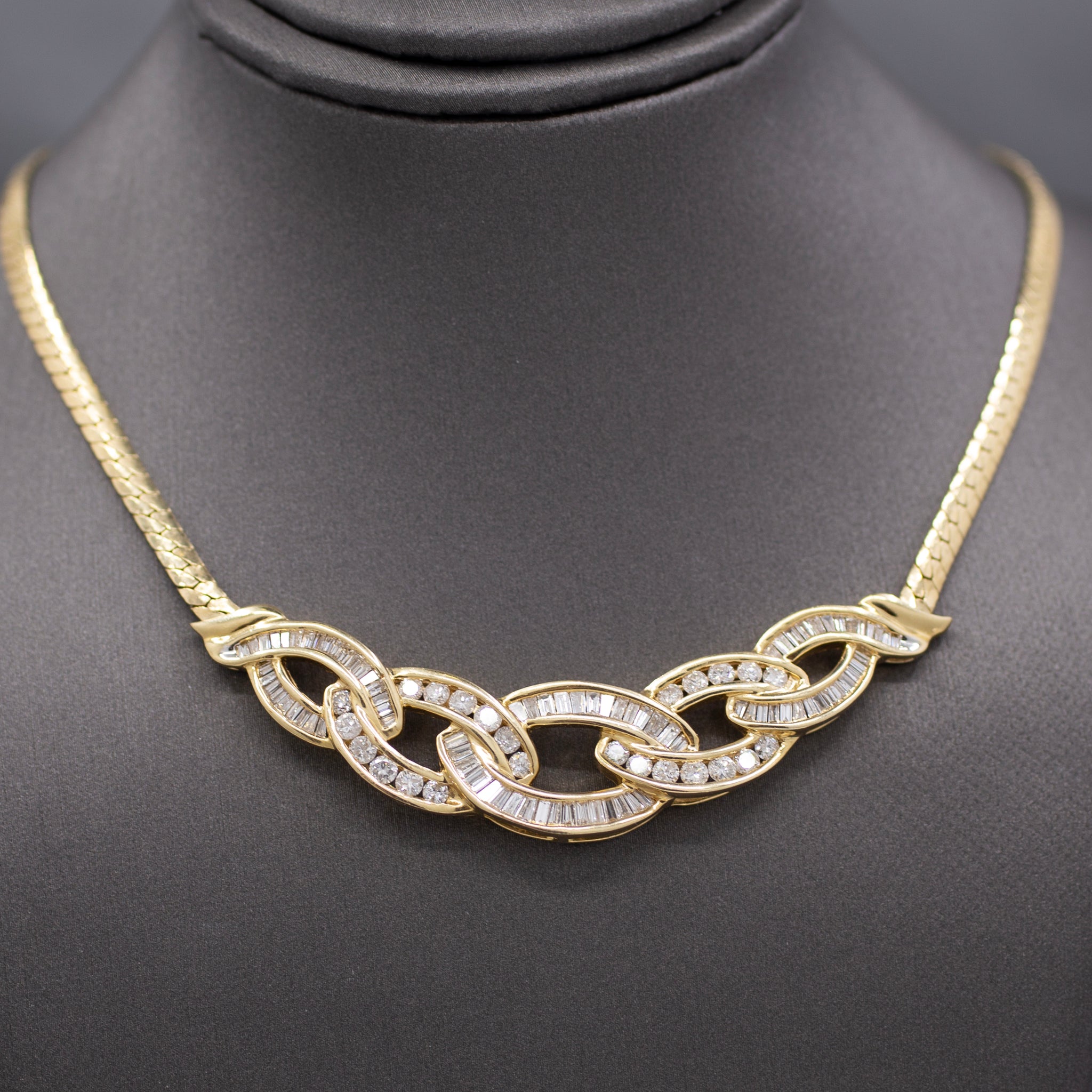 Sparkling Channel Set Round and Baguette Diamond Statement Necklace in 14k Yellow Gold