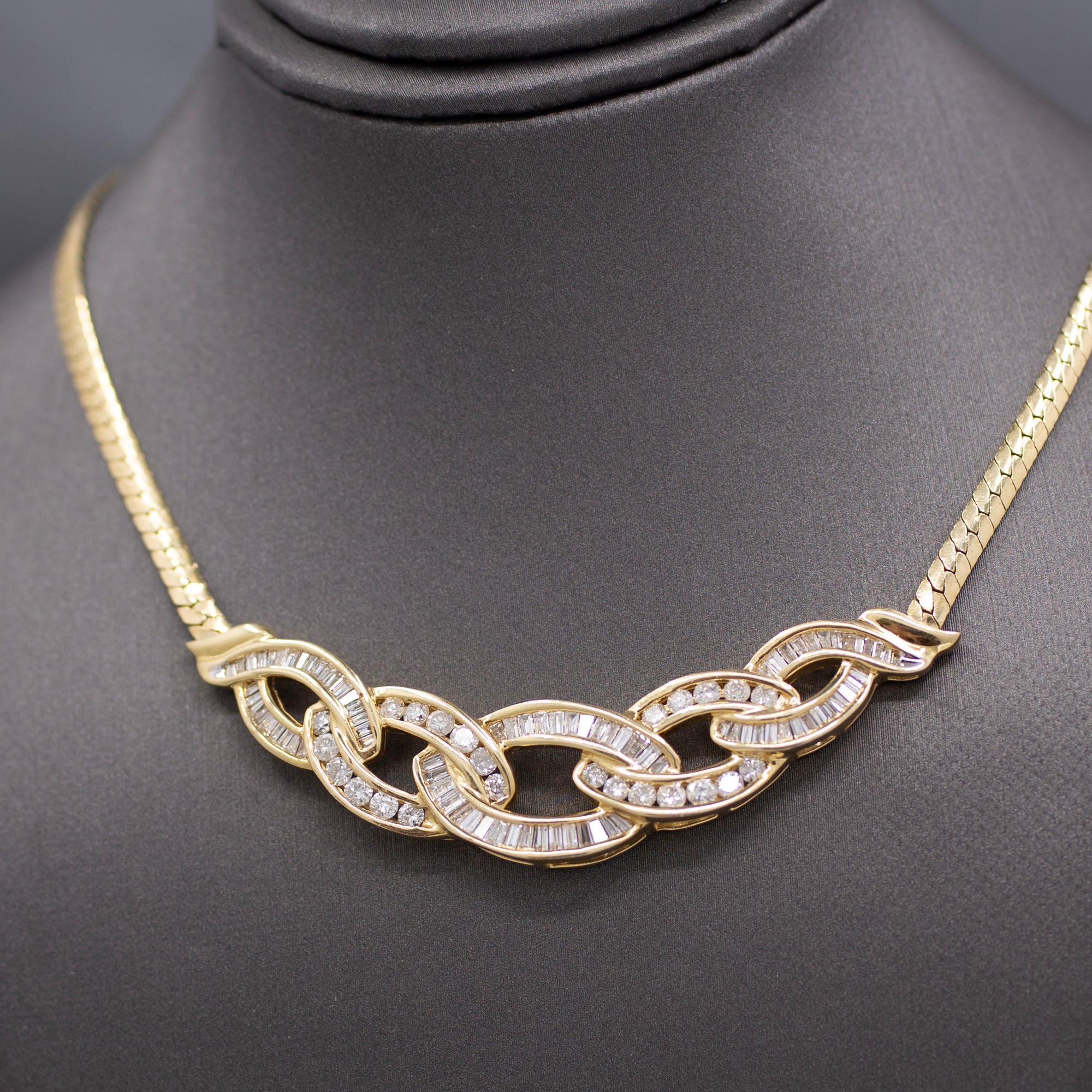 Sparkling Channel Set Round and Baguette Diamond Statement Necklace in 14k Yellow Gold