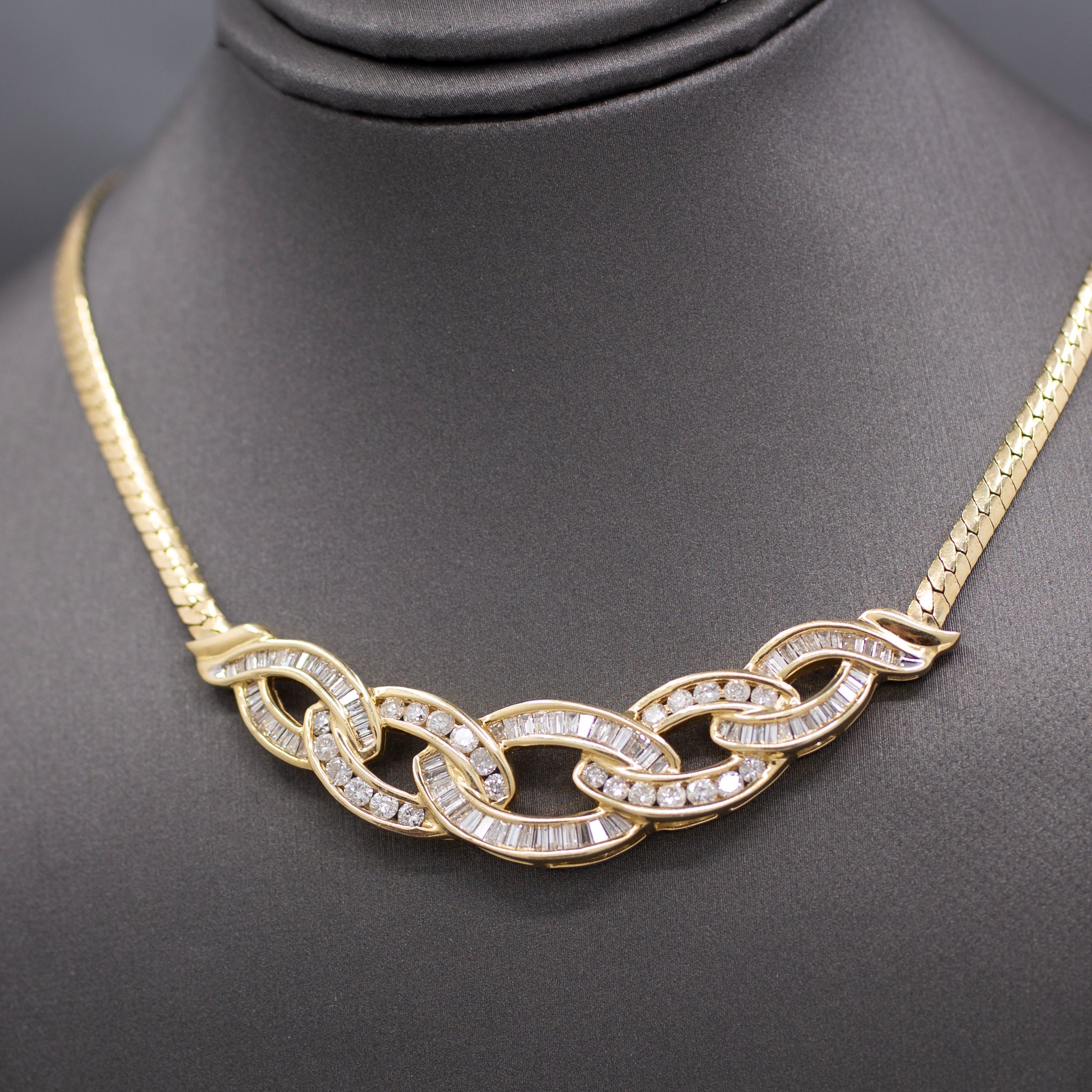 Sparkling Channel Set Round and Baguette Diamond Statement Necklace in 14k Yellow Gold