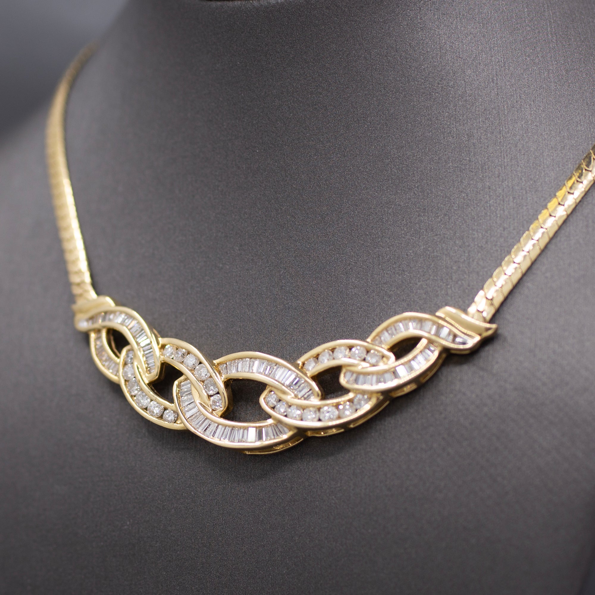 Sparkling Channel Set Round and Baguette Diamond Statement Necklace in 14k Yellow Gold