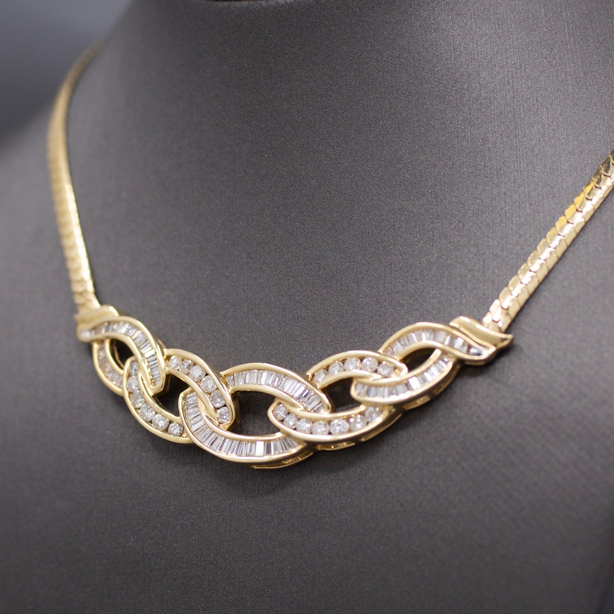 Sparkling Channel Set Round and Baguette Diamond Statement Necklace in 14k Yellow Gold