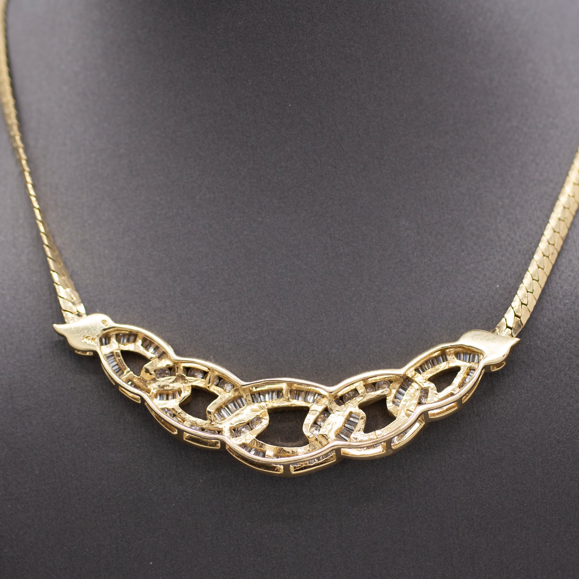 Sparkling Channel Set Round and Baguette Diamond Statement Necklace in 14k Yellow Gold