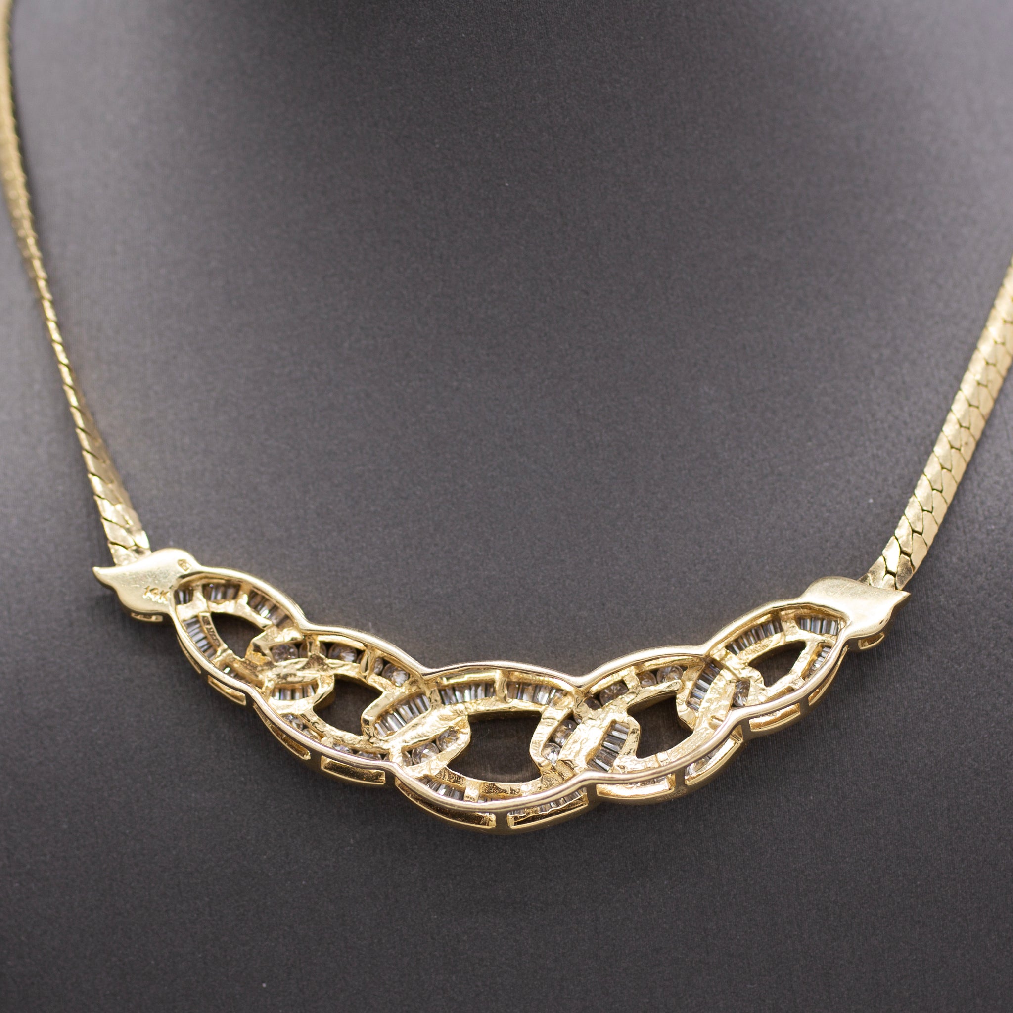 Sparkling Channel Set Round and Baguette Diamond Statement Necklace in 14k Yellow Gold