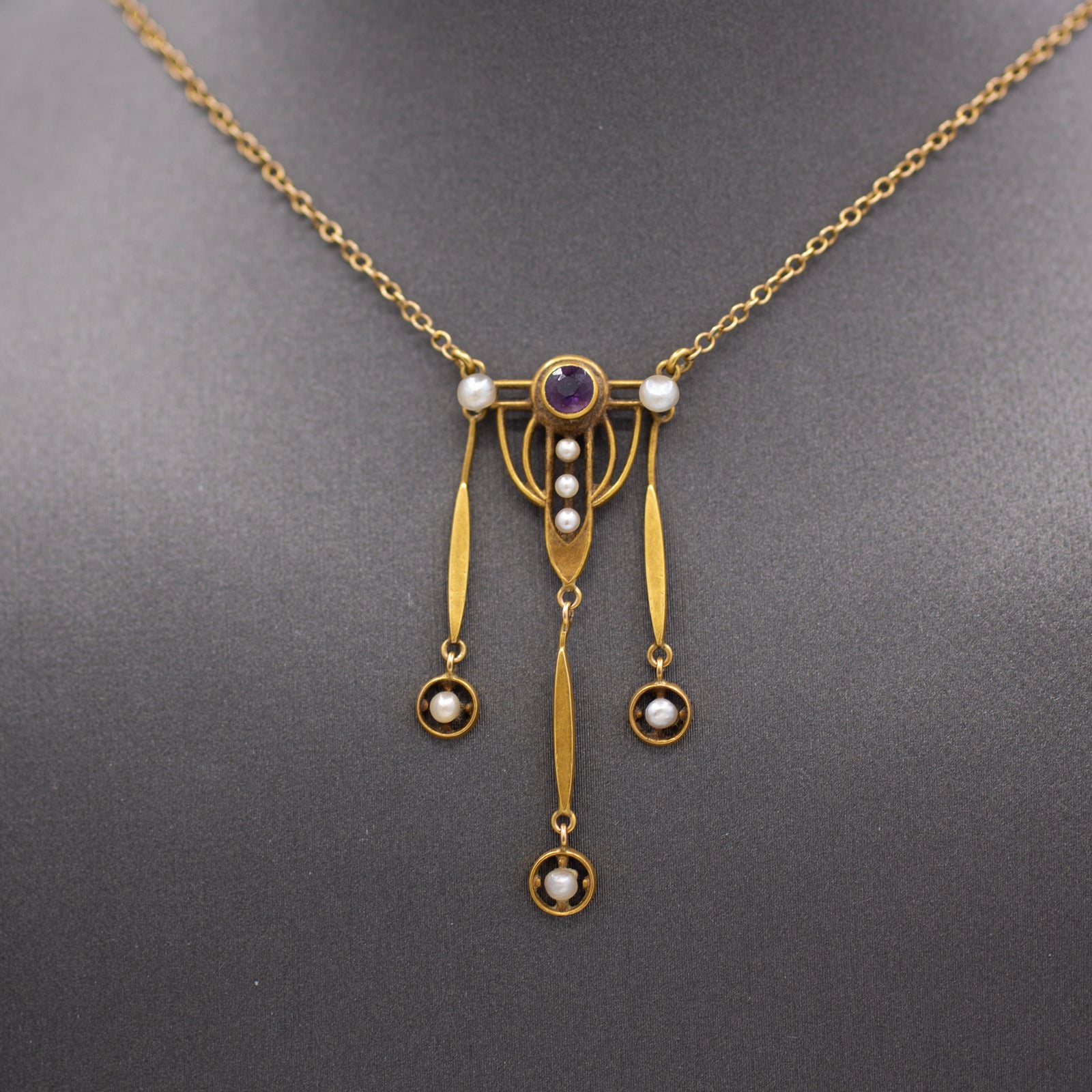 Charming Arts and Crafts Amethyst and Pearl Necklace in 14k Yellow Gold