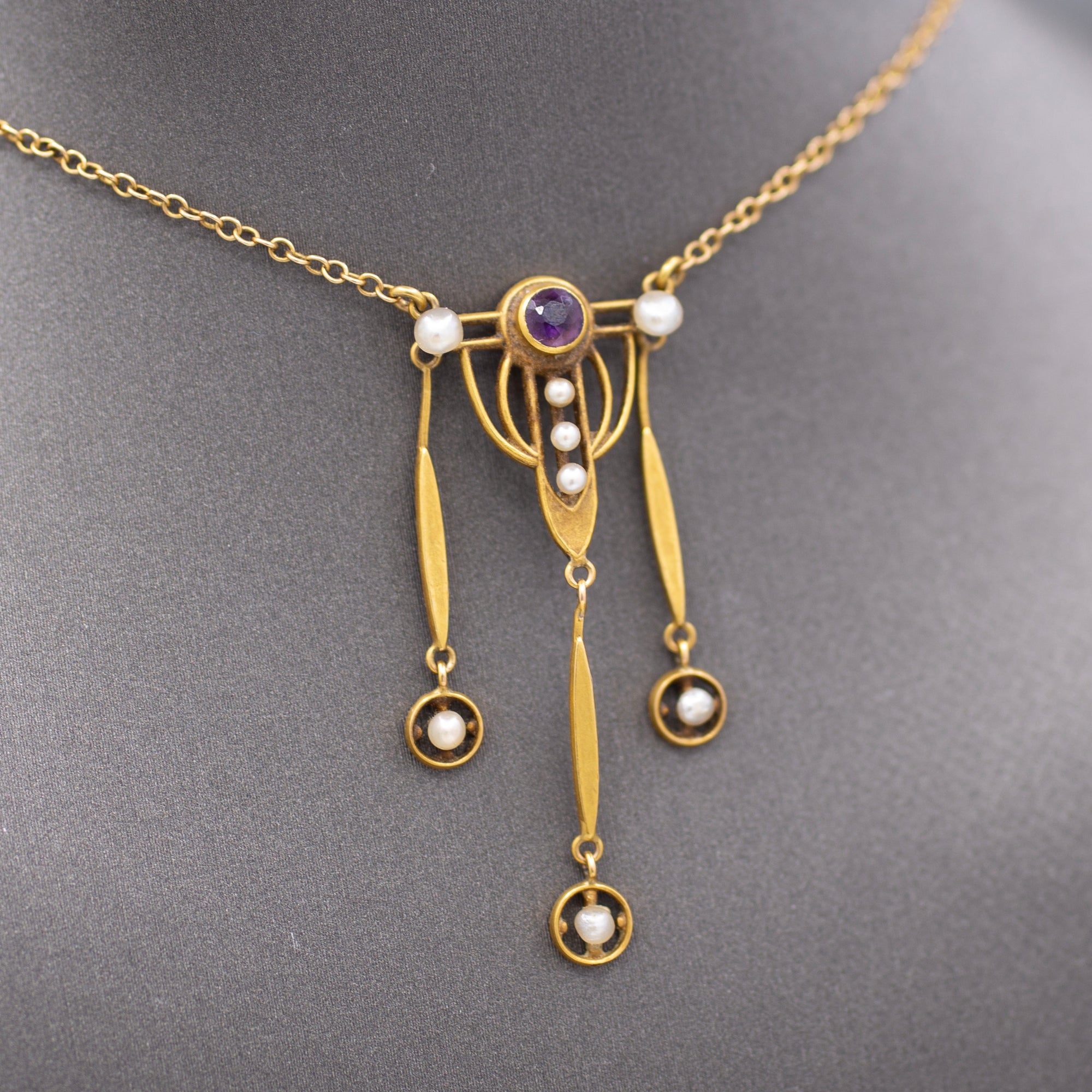Charming Arts and Crafts Amethyst and Pearl Necklace in 14k Yellow Gold