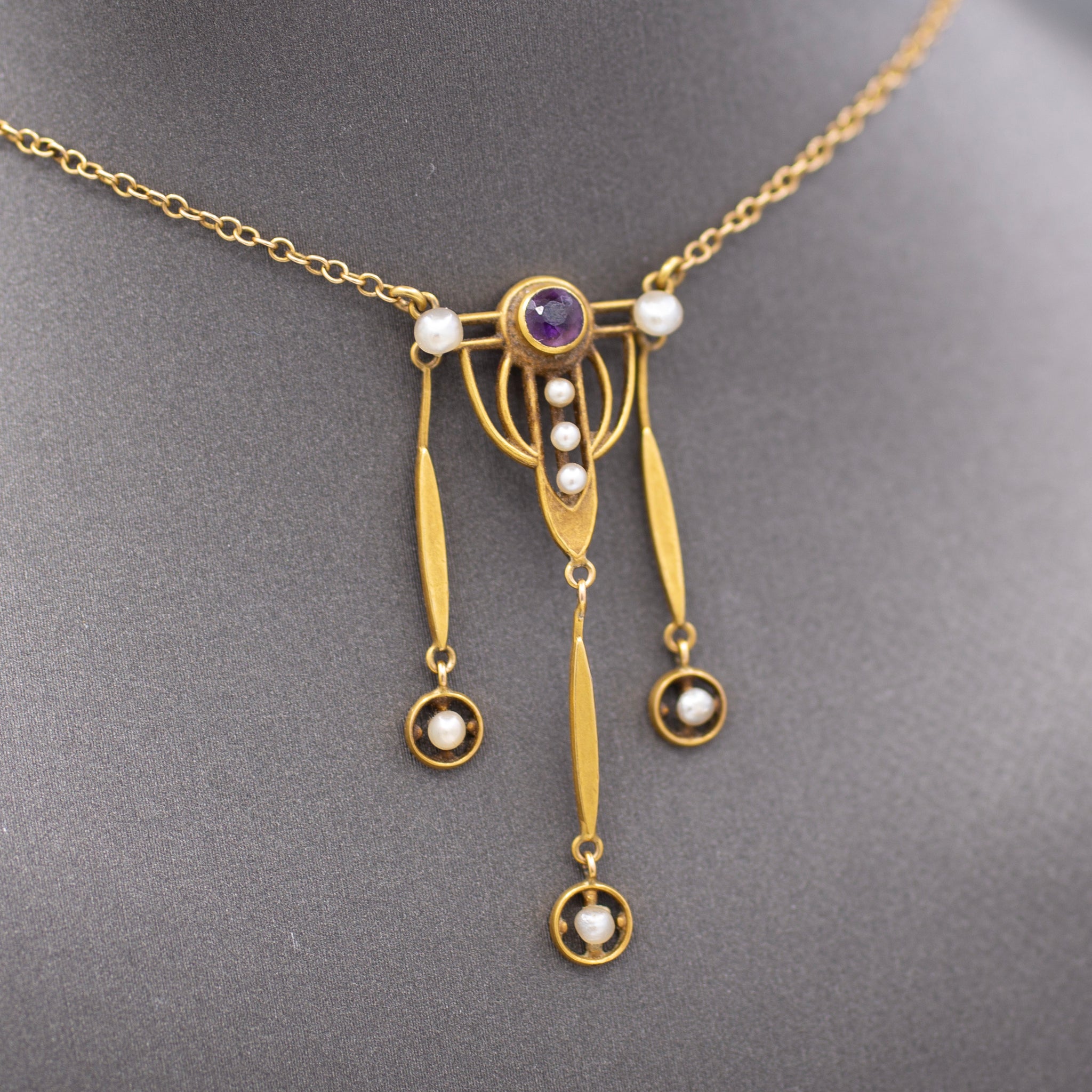 Charming Arts and Crafts Amethyst and Pearl Necklace in 14k Yellow Gold