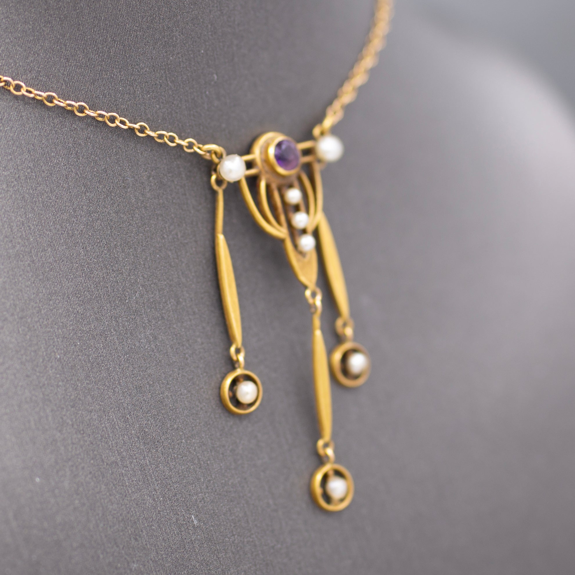 Charming Arts and Crafts Amethyst and Pearl Necklace in 14k Yellow Gold