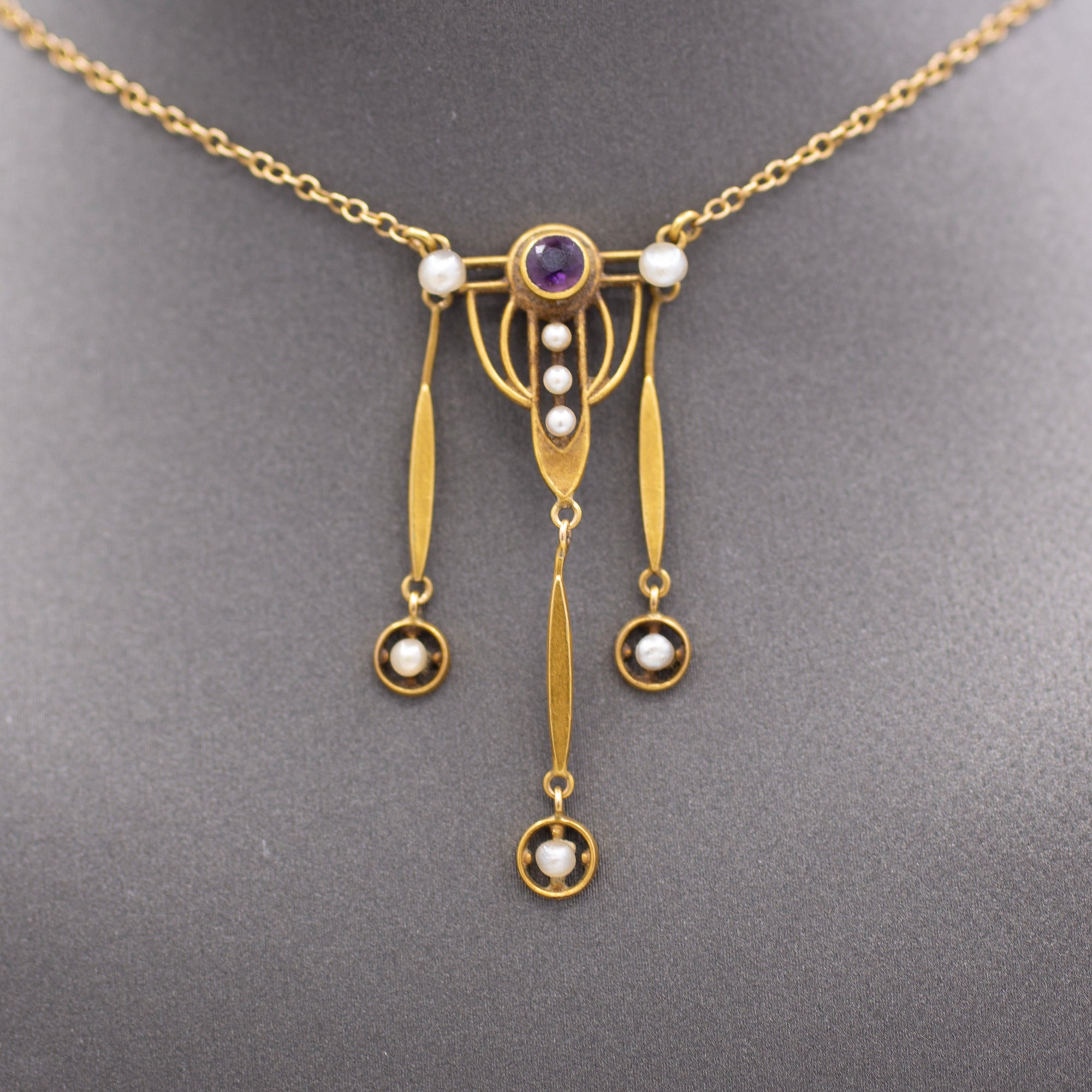 Charming Arts and Crafts Amethyst and Pearl Necklace in 14k Yellow Gold