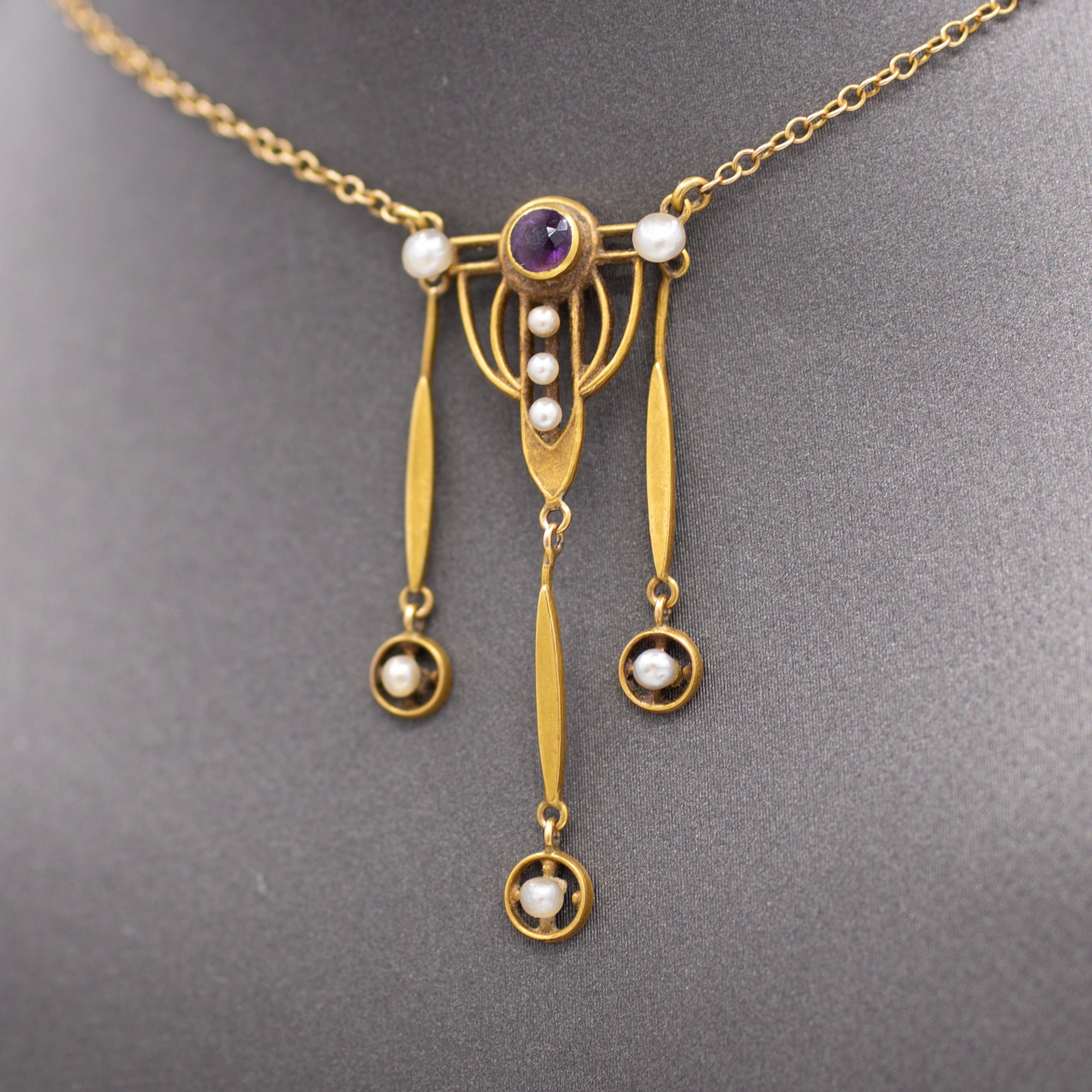 Charming Arts and Crafts Amethyst and Pearl Necklace in 14k Yellow Gold