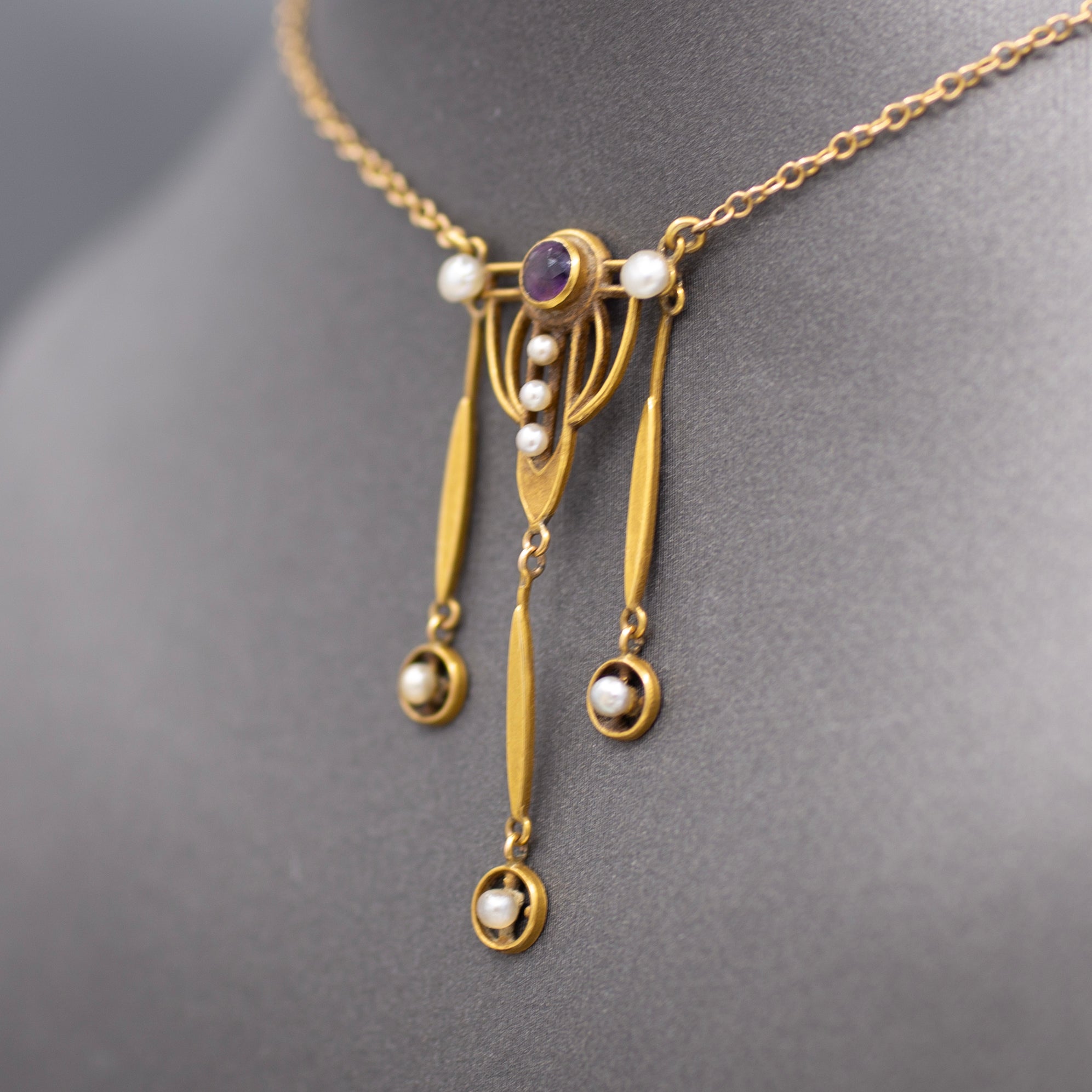 Charming Arts and Crafts Amethyst and Pearl Necklace in 14k Yellow Gold